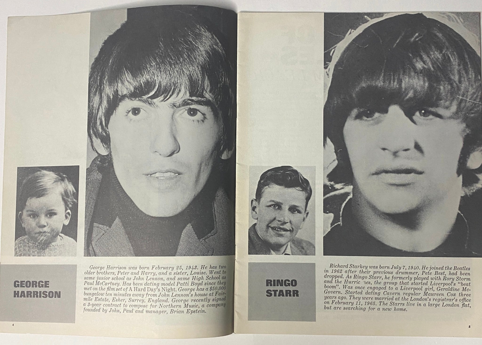1964 All About Us The Beatles inside pages highlighting George Harrison and Ringo Starr along with their childhood images and information.