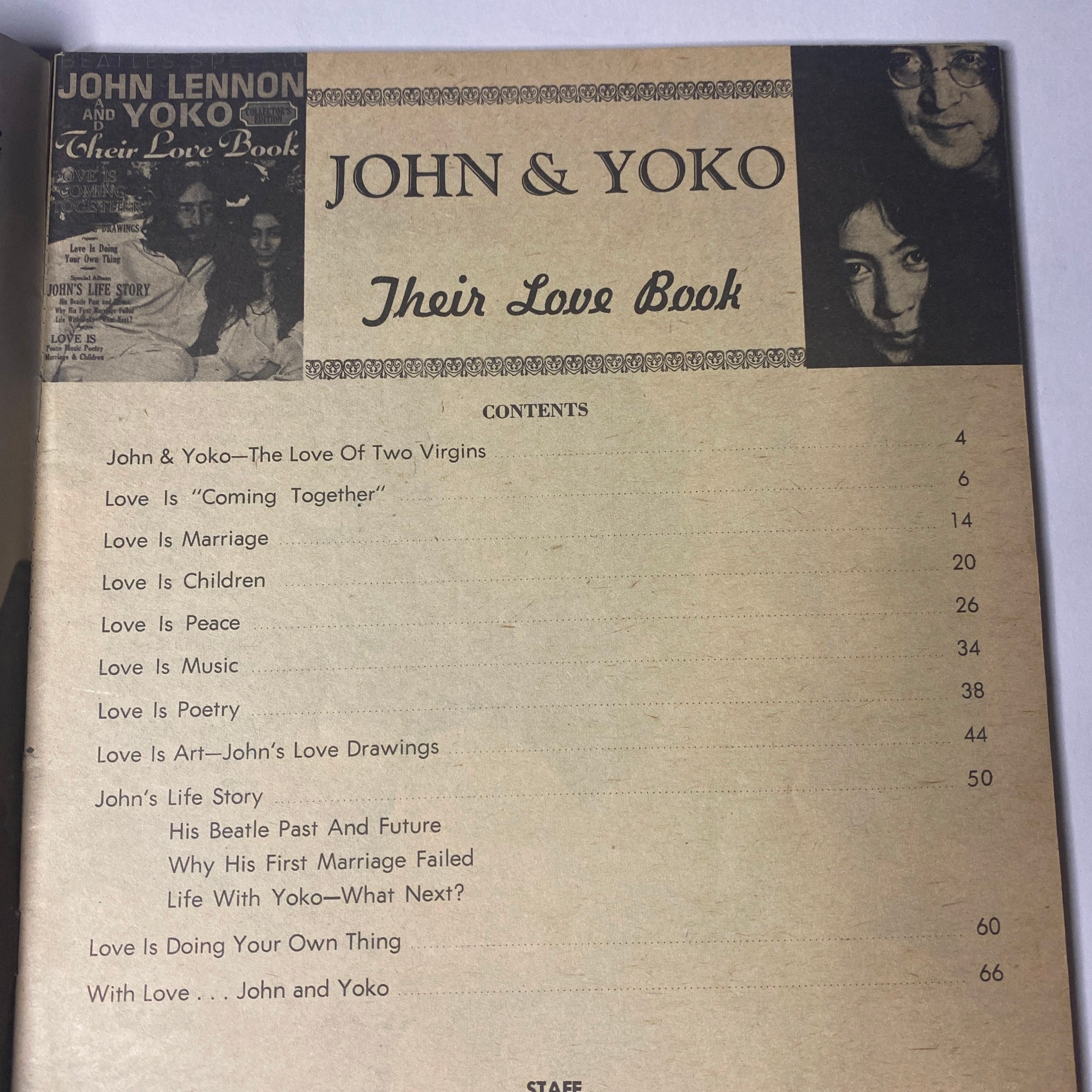 Contents page of 'Beatles Special John Lennon and Yoko Ono Their Love Book Collector's Edition', listing features about John and Yoko's love and their personal stories.