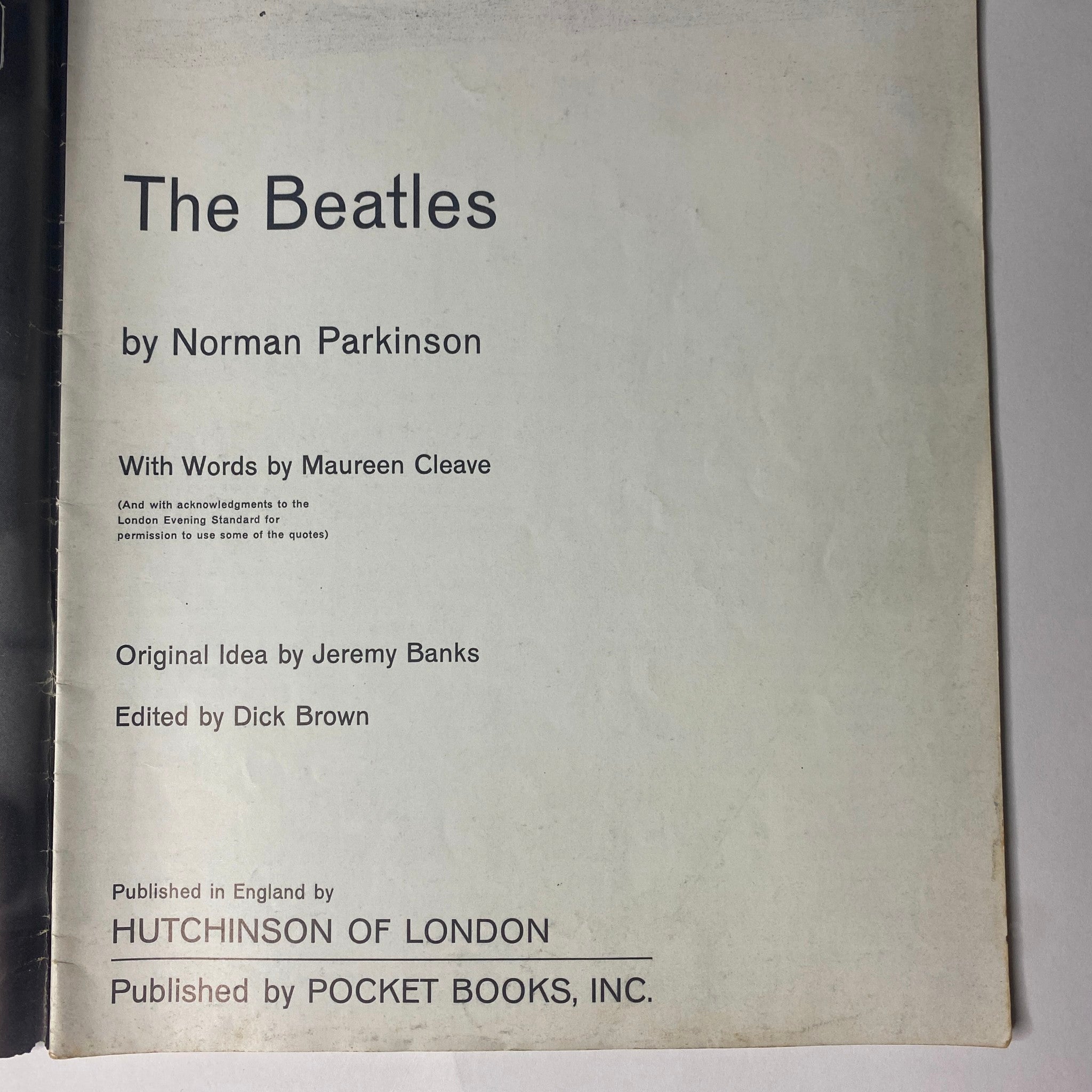 Inside page of 1964 The Beatles by Norman Parkinson Pictures for Framing featuring title page with contributions from Maureen Cleave and Jeremy Banks.
