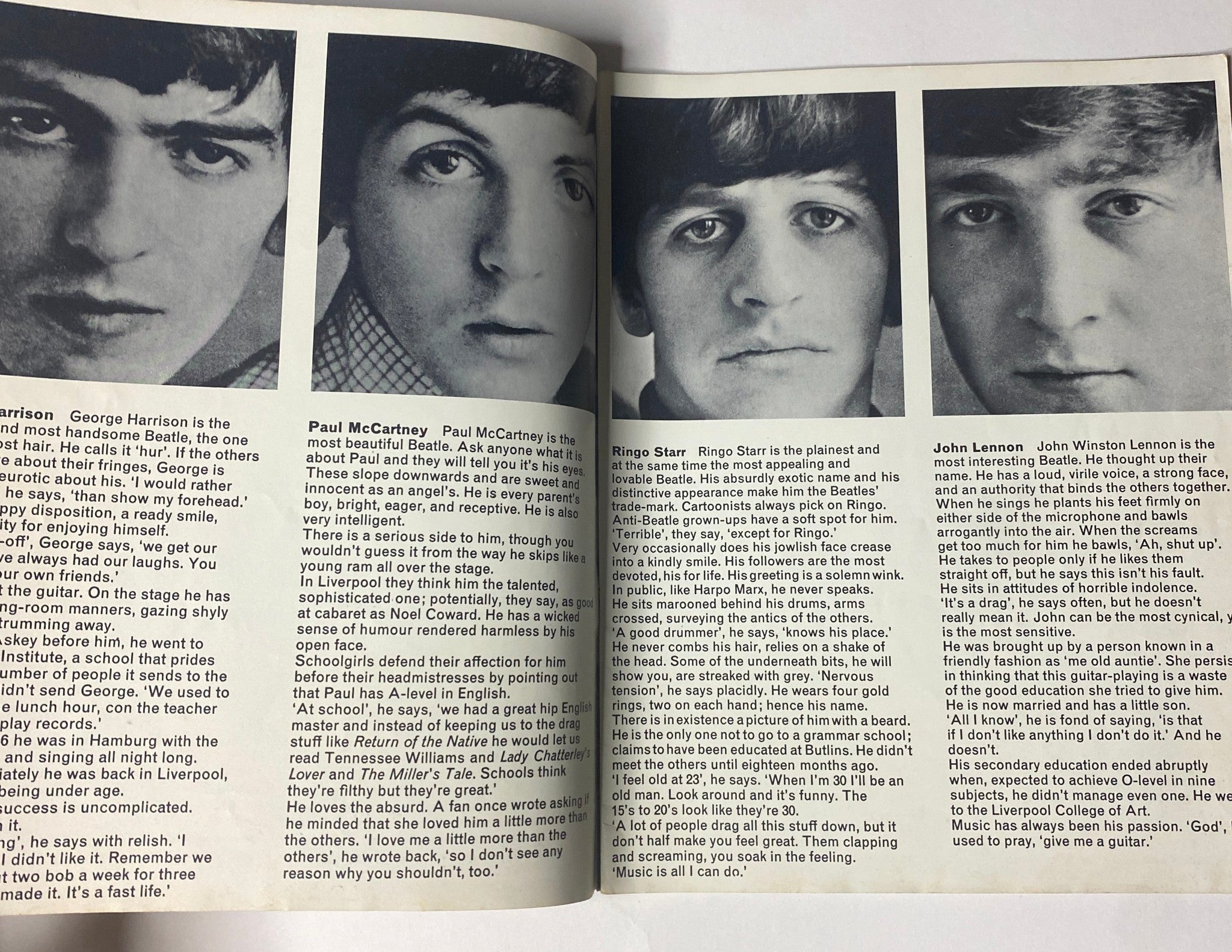Interior pages of 1964 The Beatles by Norman Parkinson Pictures for Framing displaying black and white portraits of Beatles members along with commentary.