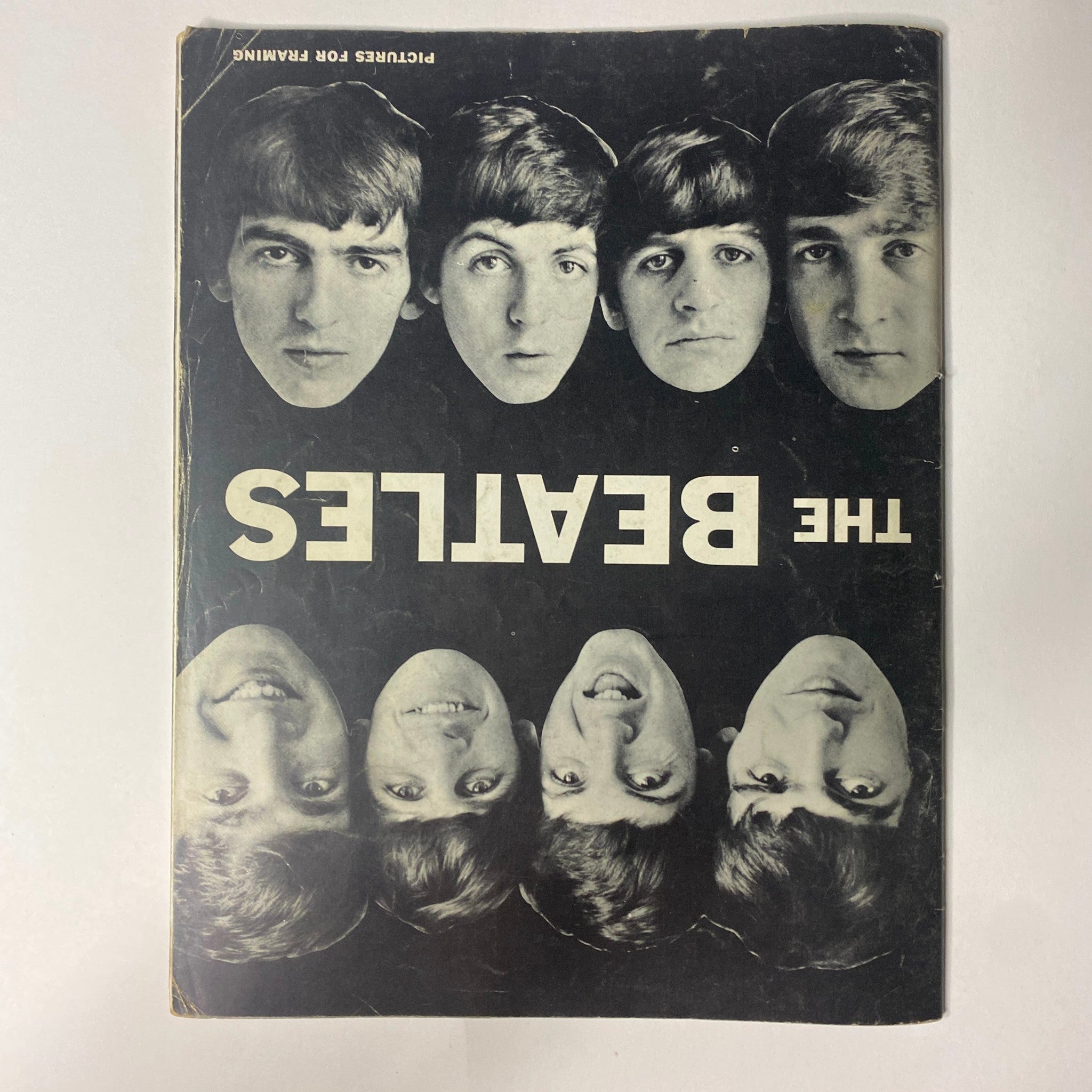 1964 The Beatles by Norman Parkinson Pictures for Framing No Label, displaying the iconic cover featuring a montage of The Beatles' faces in a striking black-and-white design, perfect for collectors of memorabilia.
