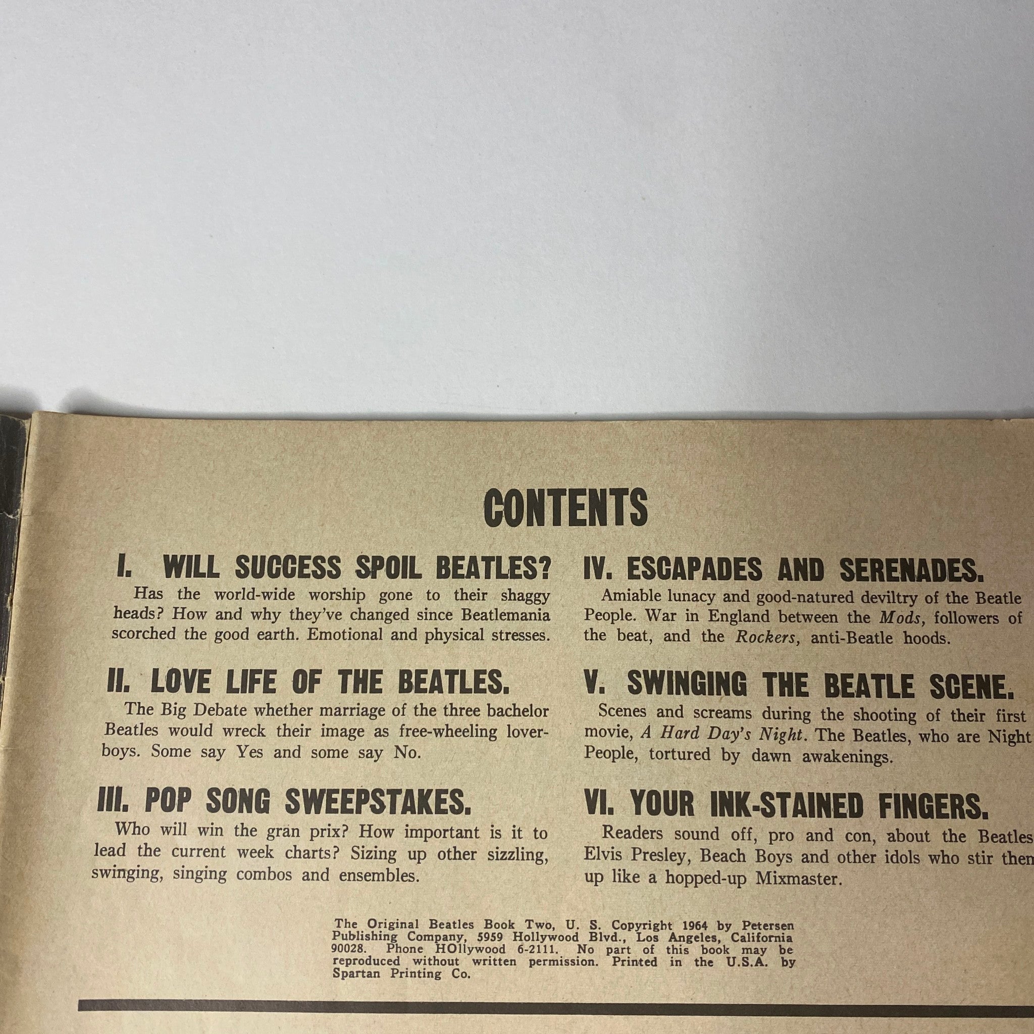 1964 The Original Beatles Book Two - Contents page detailing featured articles including 'Will Success Spoil Beatles?' and 'Escapades and Serenades'.