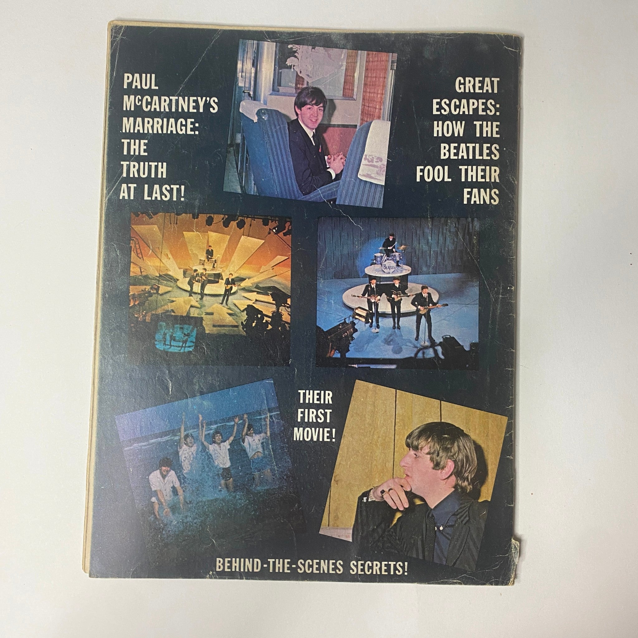 1964 The Original Beatles Book Two and Beatle Romances back cover displaying behind-the-scenes moments from their first movie, emphasizing the allure and cultural impact of The Beatles.