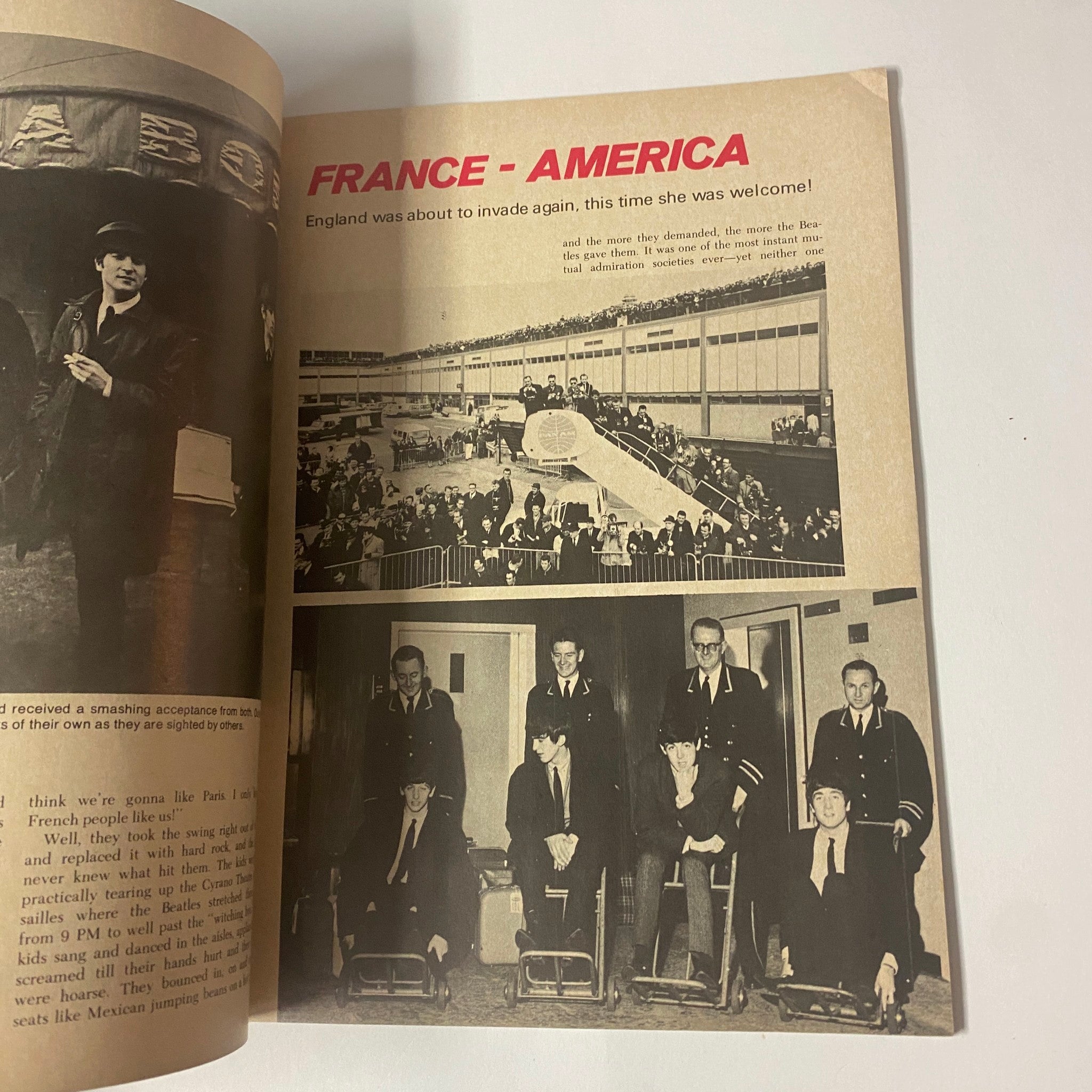 Inside spread of Royal/Magnum Magazine #1 The Beatles A Pictorial History From The Beginning featuring a feature on France-America with historical context about The Beatles' impact.
