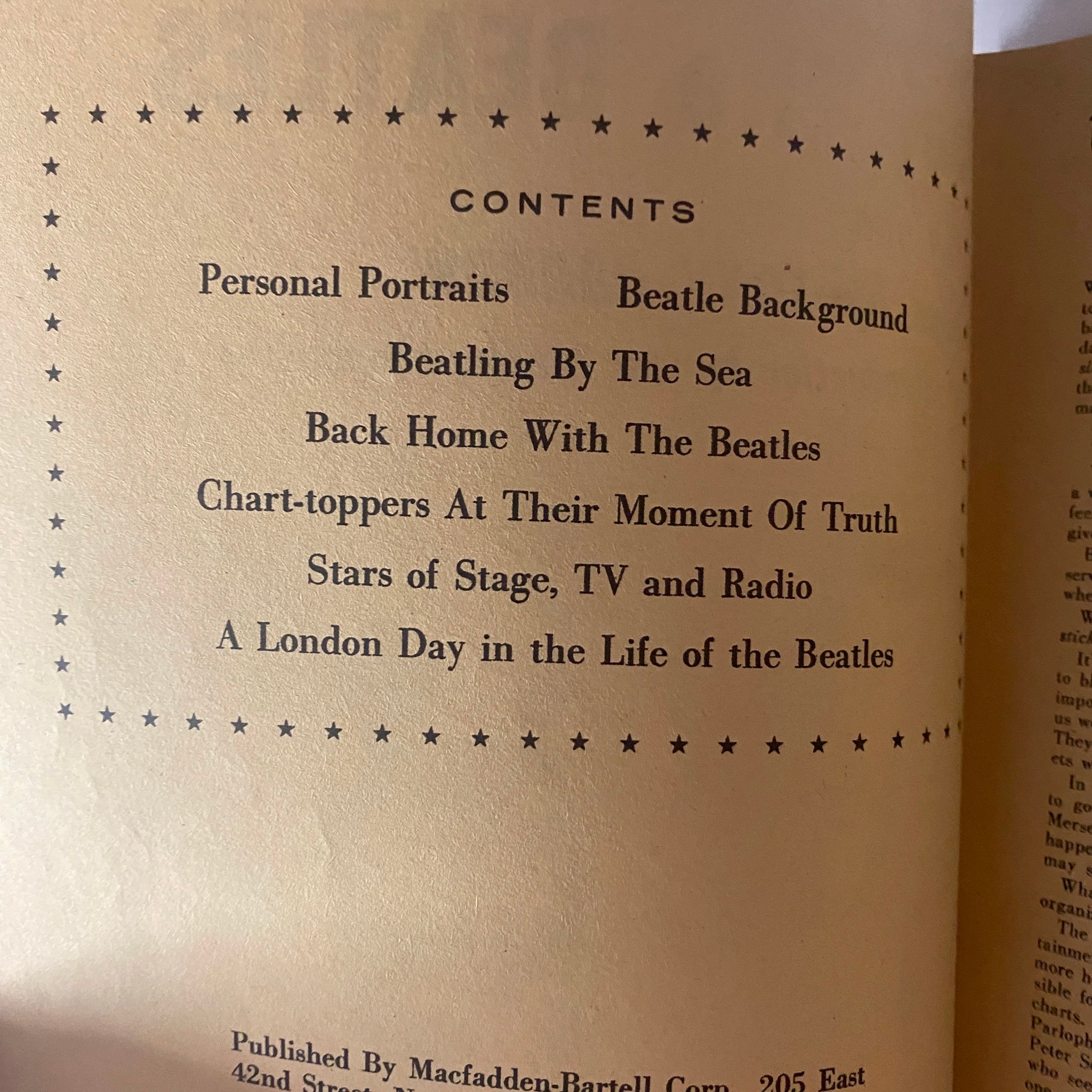 1963 Meet The Beatles Photos From Their Personal Album - Table of contents listing key features including 'Personal Portraits' and 'Stars of Stage, TV, and Radio'.