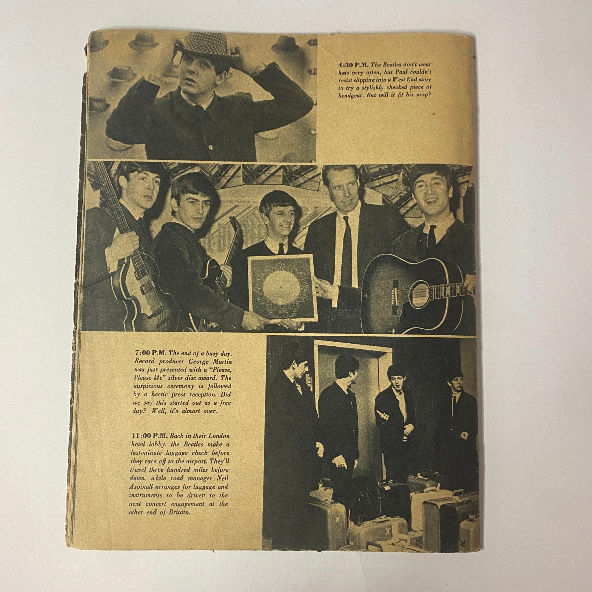 1963 Meet The Beatles Photos From Their Personal Album - Back cover illustration depicting The Beatles at a studio session, reflecting their music production process.