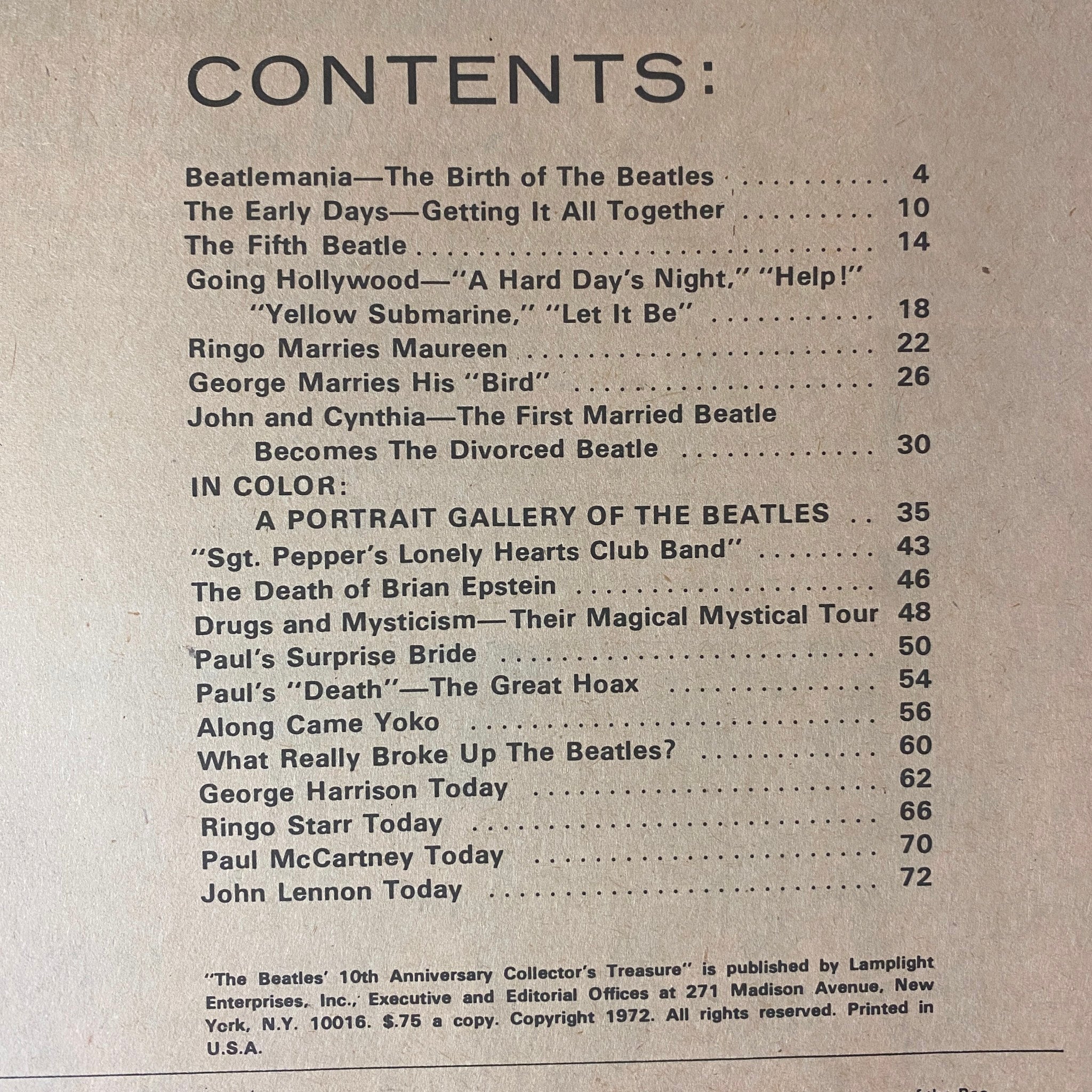 Contents page of the 1972 The Beatles 10th Anniversary Collector's Treasure, listing featured articles and topics related to the band's history.