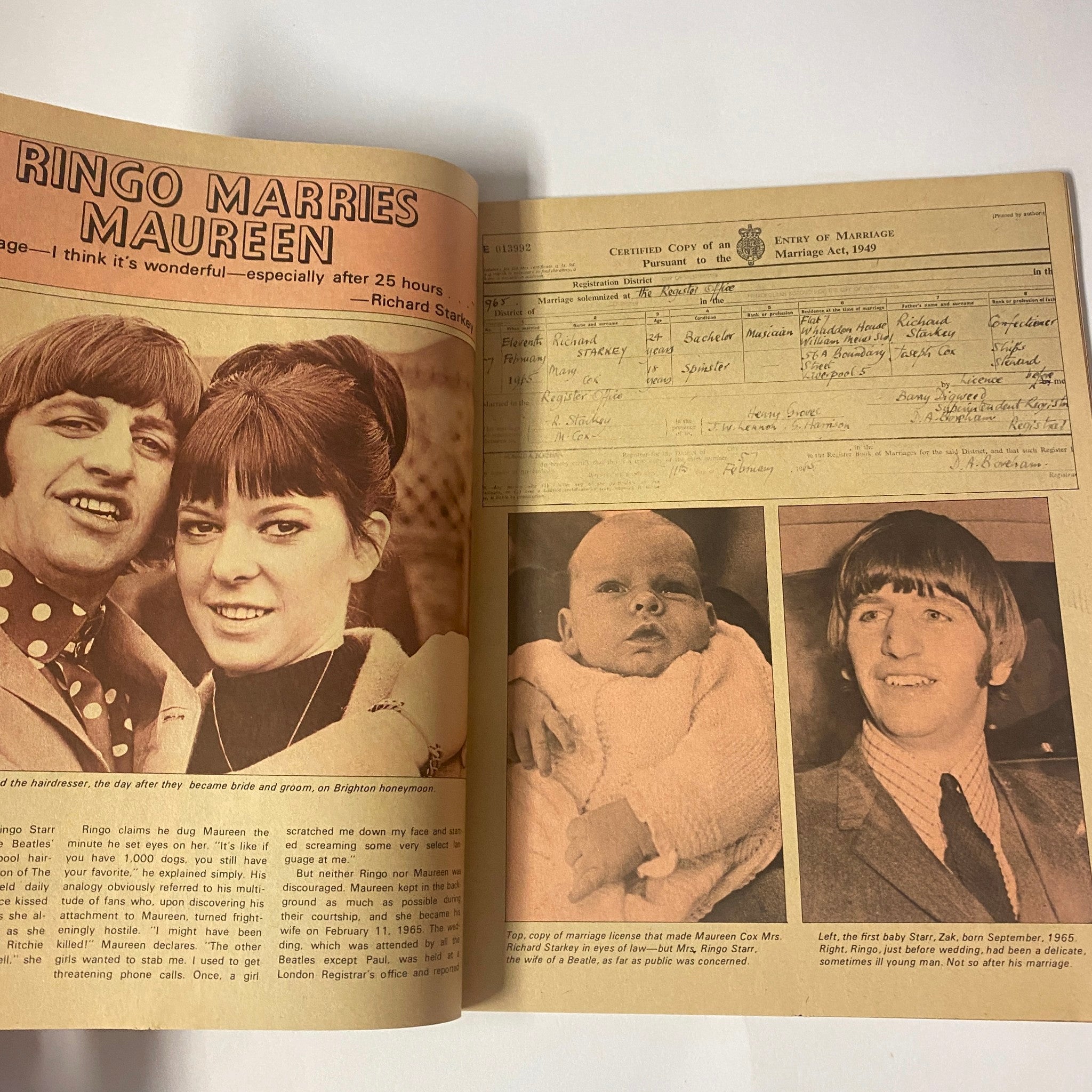 Spread from the 1972 The Beatles 10th Anniversary Collector's Treasure covering Ringo Starr's marriage to Maureen, including personal details and photos.