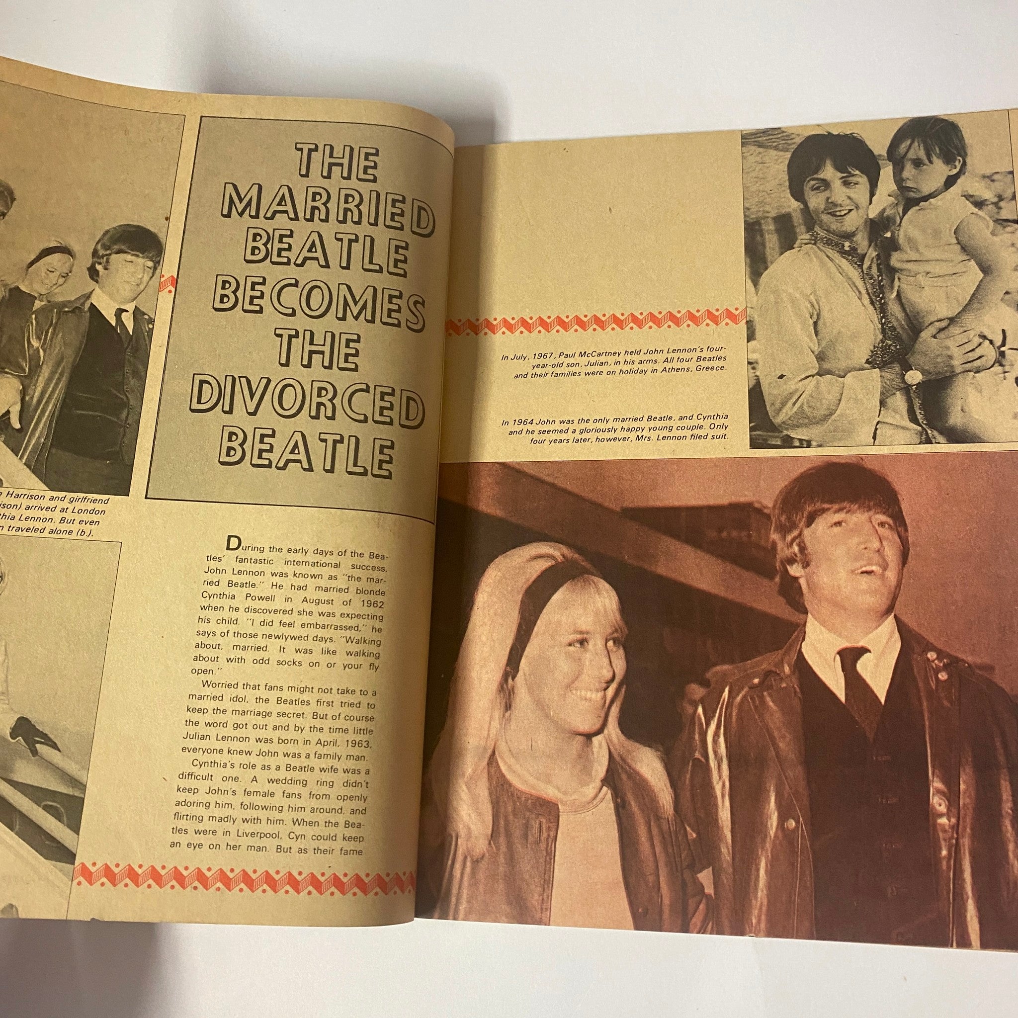 Spread from the 1972 The Beatles 10th Anniversary Collector's Treasure discussing John Lennon's marriage and divorce, featuring relevant images and text.