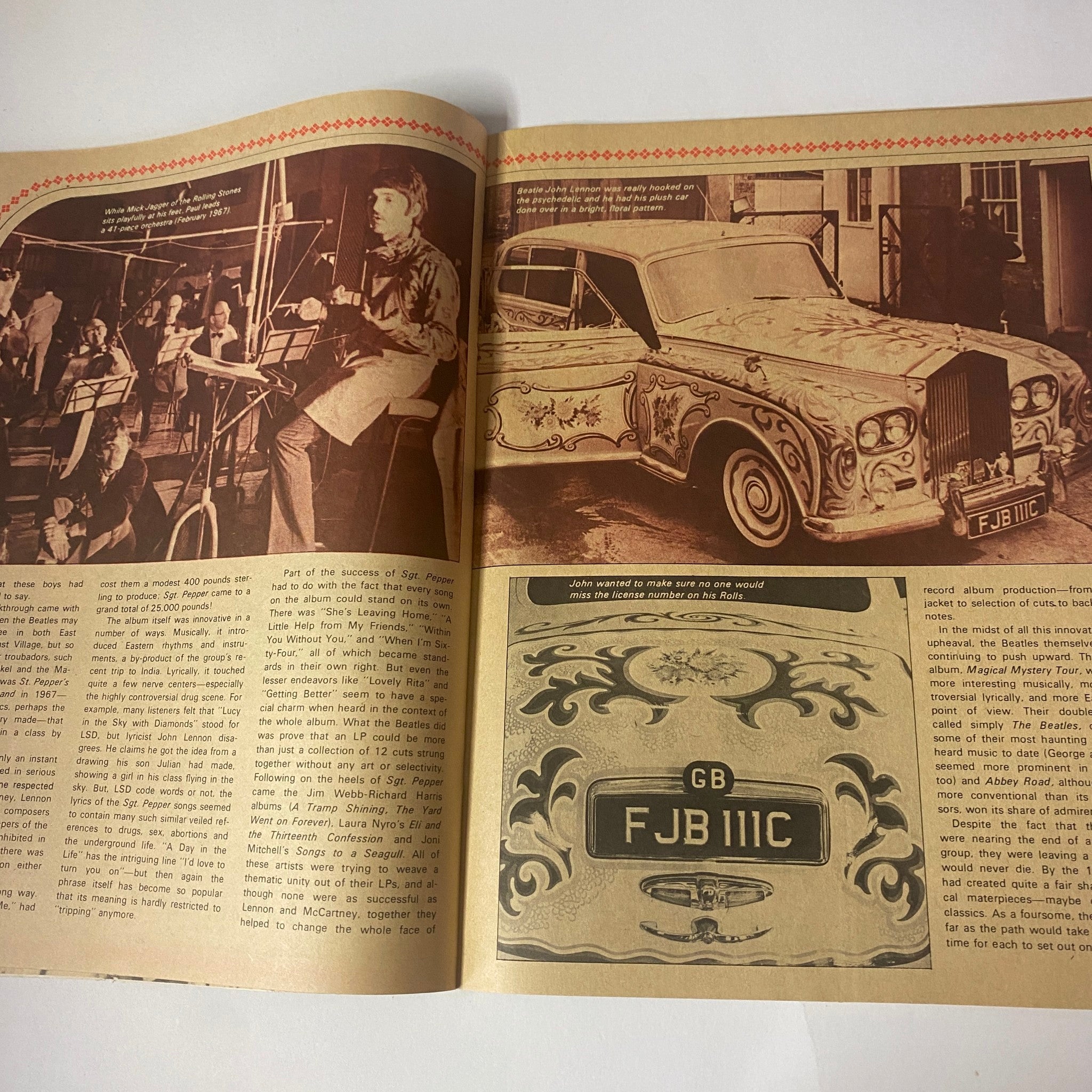 Interior page from 1972 The Beatles 10th Anniversary Collector's Treasure, featuring an image of Paul McCartney and a decorative car along with an article discussing the band.
