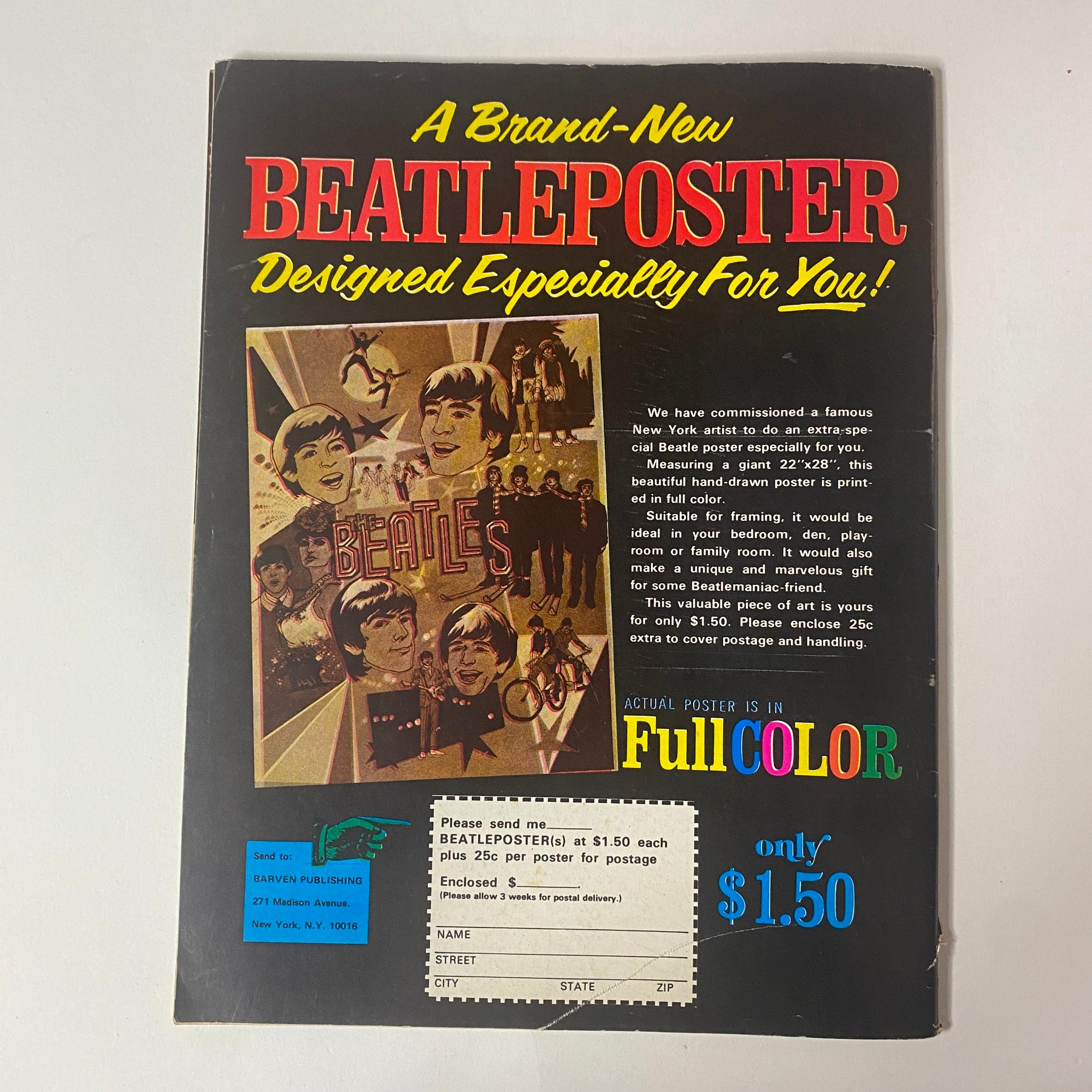 Back cover of 1972 The Beatles 10th Anniversary Collector's Treasure, showcasing a colorful Beatles poster advertisement with details on ordering and pricing.