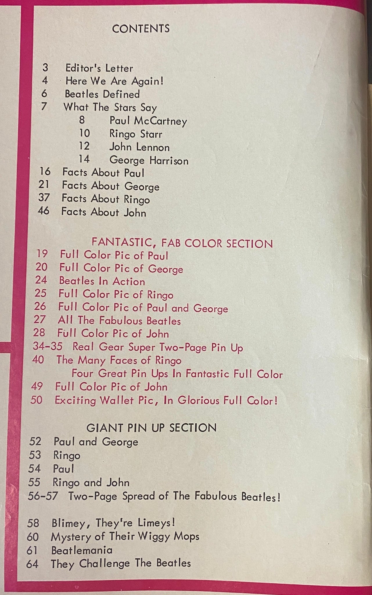 Table of contents from Teen Screen Magazine 1964 The Beatles Color Pinup Album outlining various sections including editor's letter, features on Paul McCartney and Ringo Starr, and the fantastic color section.