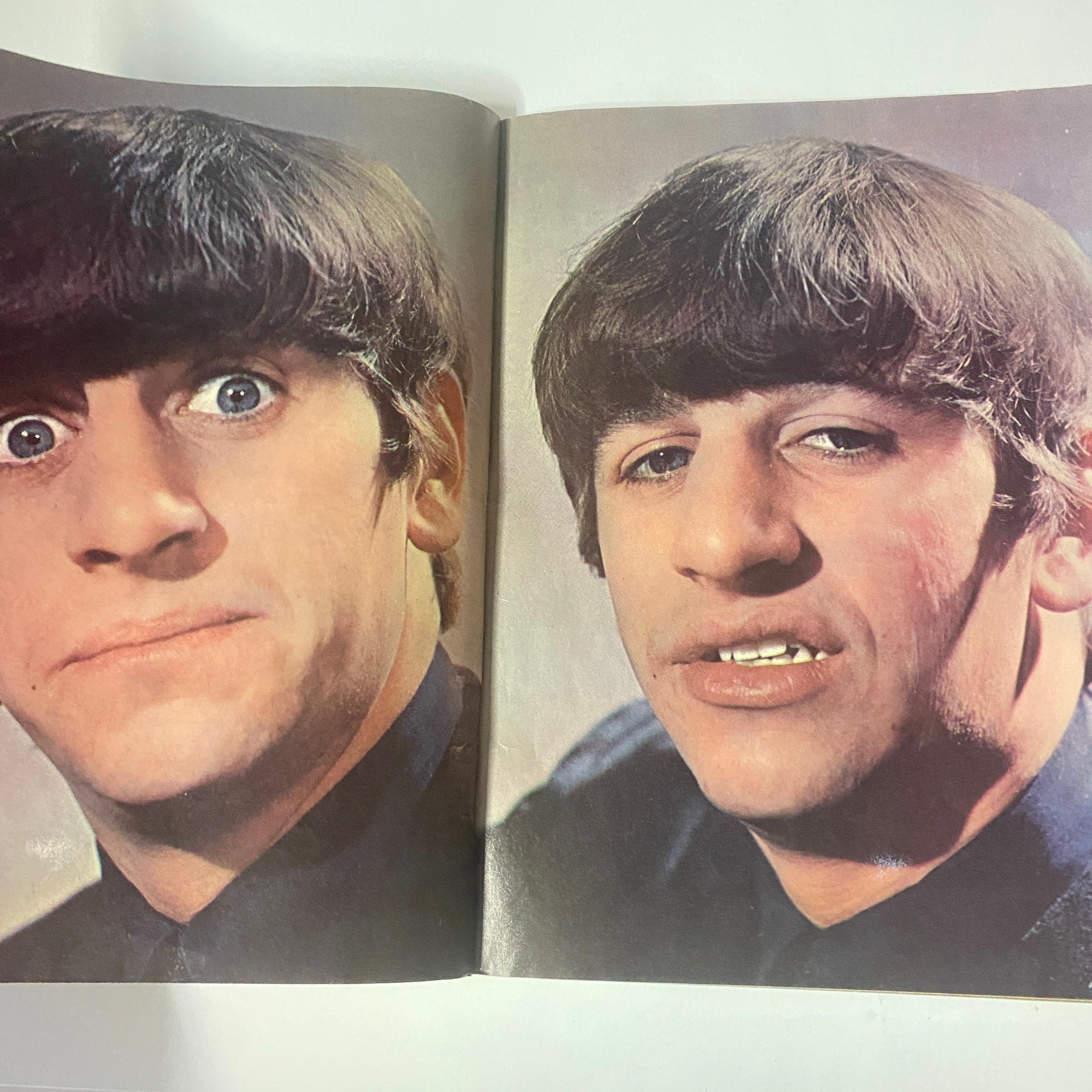 Split image of John Lennon and Ringo Starr in Teen Screen Magazine 1964 The Beatles Color Pinup Album, highlighting their unique expressions and charm.
