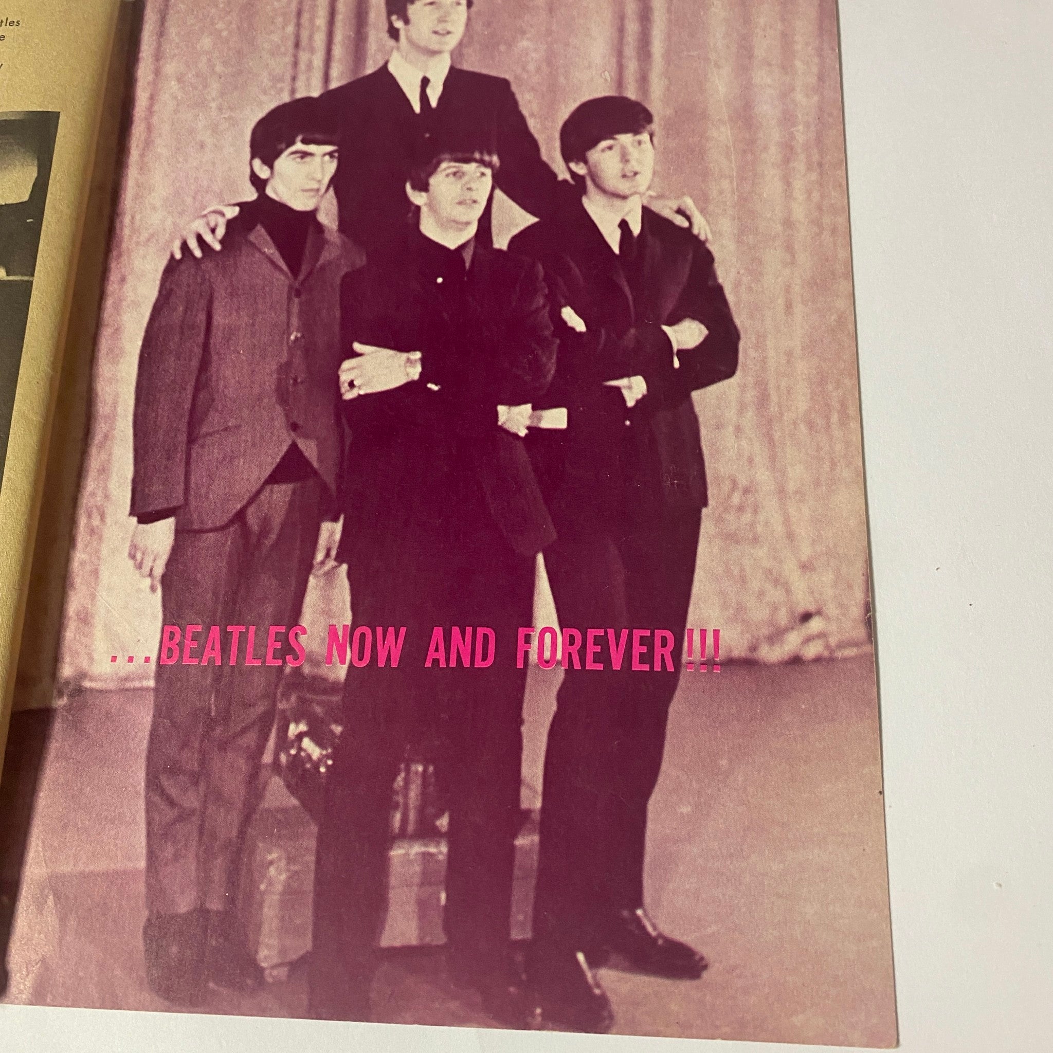 Group photo of The Beatles promoting their legacy in Teen Screen Magazine 1964 The Beatles Color Pinup Album, captioned '...BEATLES NOW AND FOREVER!!!'.
