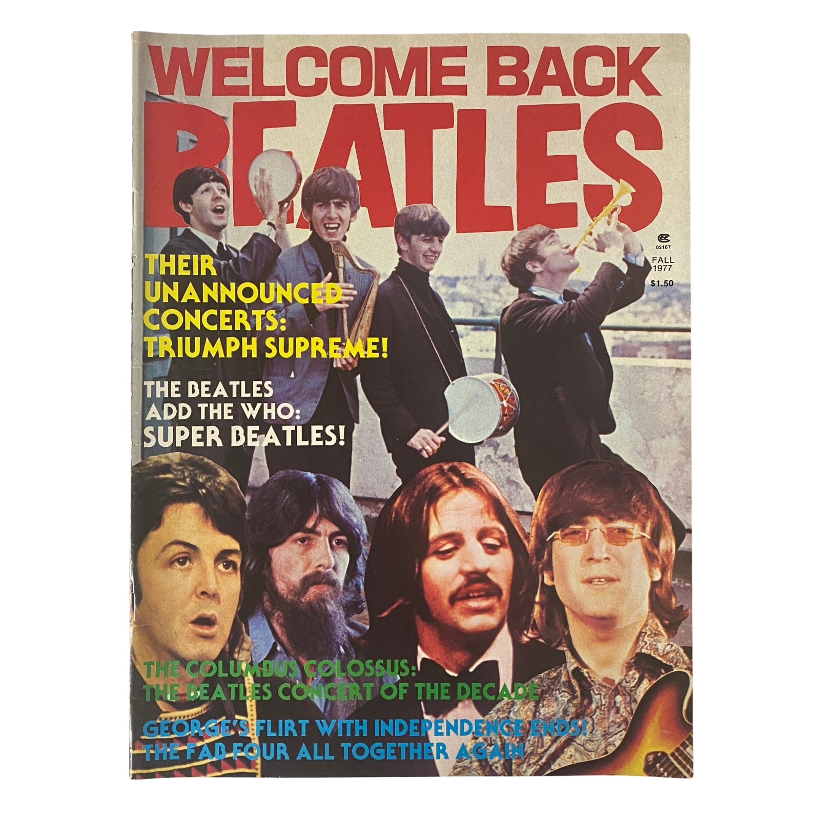 Cover of 'Welcome Back The Beatles Part II' magazine from 1977 featuring the Beatles with vibrant colors, highlighting articles on their concerts and tribute performances.