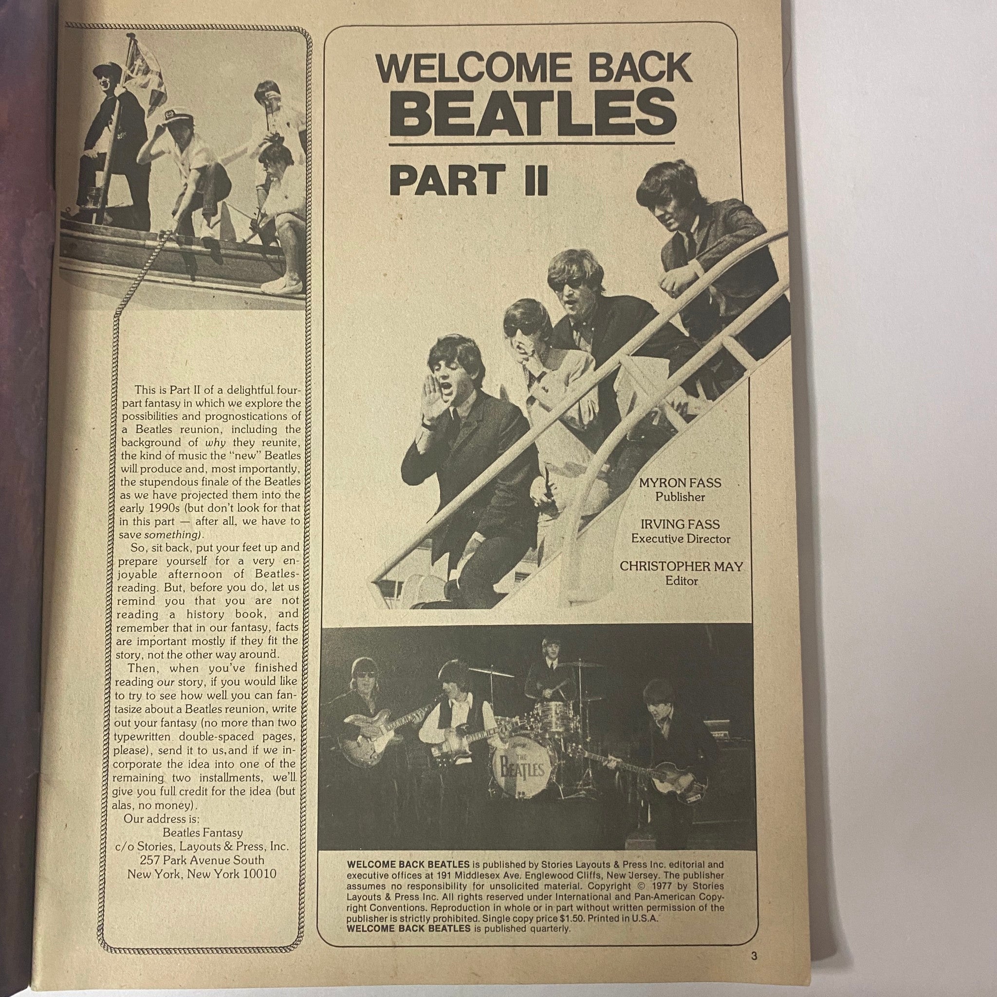 Interior page of 'Welcome Back The Beatles Part II' magazine showing an introduction to the publication and showcasing band members on a staircase.
