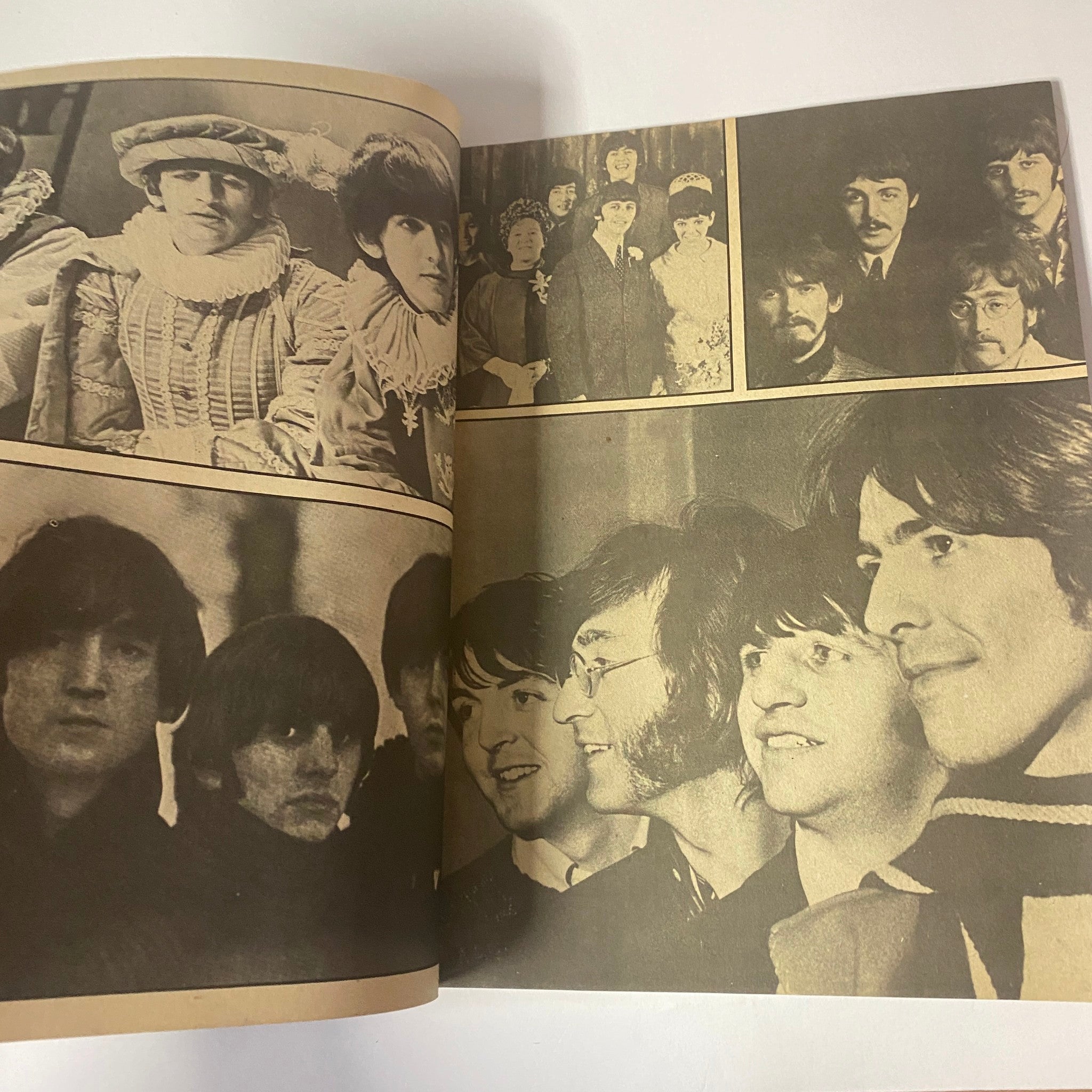 Collage page from 'Welcome Back The Beatles Part II' with various black and white photographs of the Beatles, including group shots and individual members.