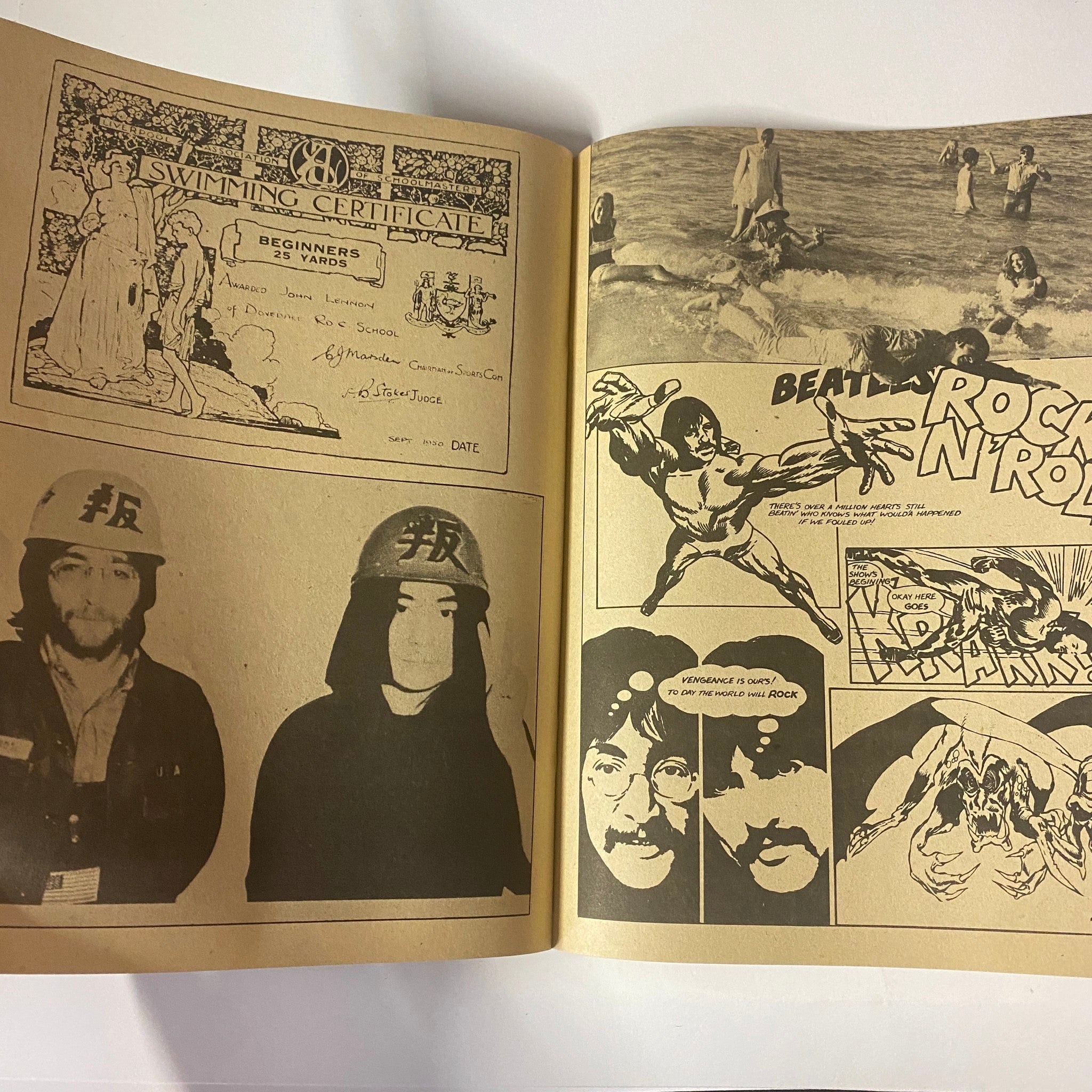 1977 Welcome Back The Beatles Part II No Label VG - A vintage magazine spread featuring images and articles related to The Beatles, including photographs, their influence on rock music, and a swimming certificate.