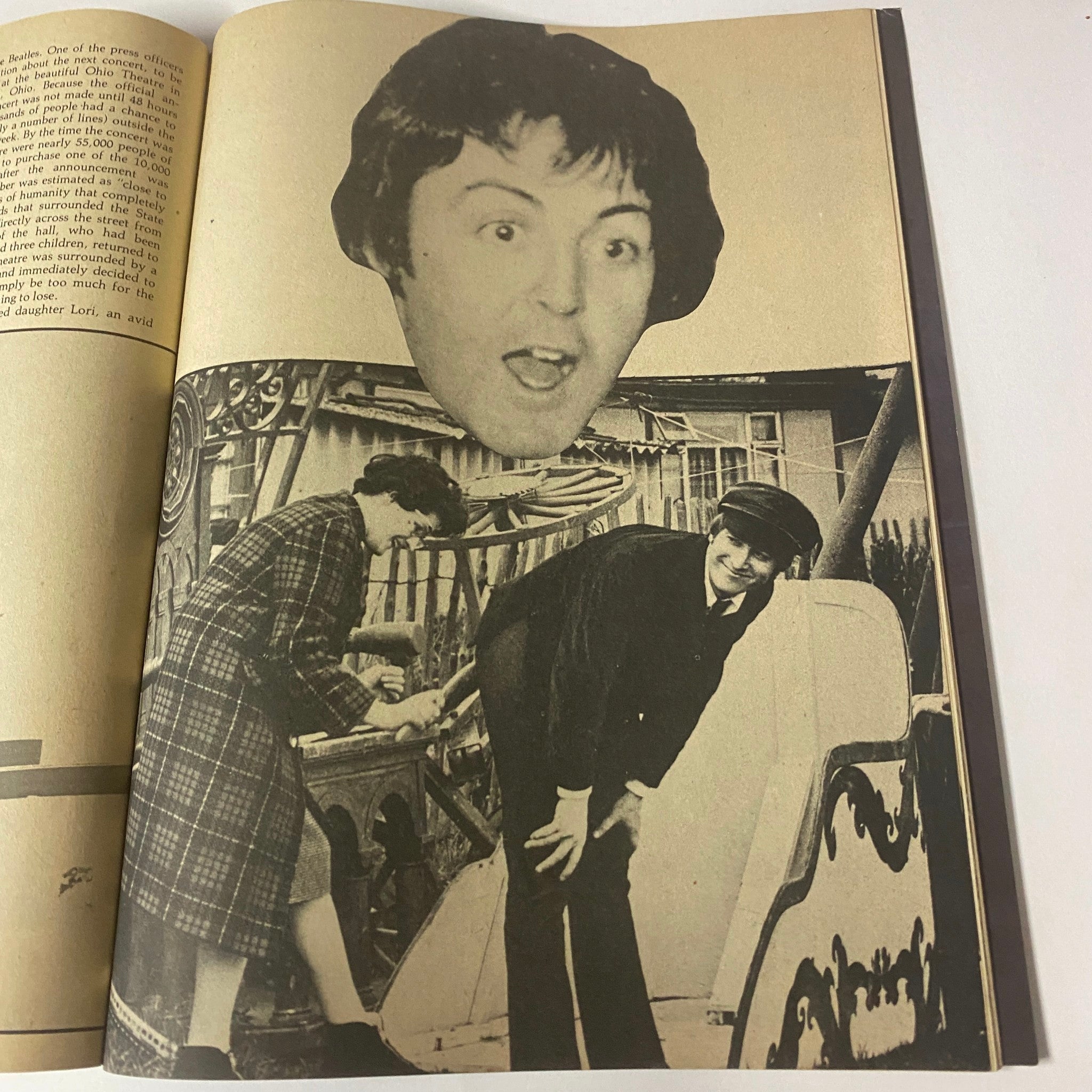 1977 Welcome Back The Beatles Part II No Label VG - A humorous vintage illustration from the magazine showing a large head of Paul McCartney with a woman in a dress, highlighting the playful side of the Fab Four.