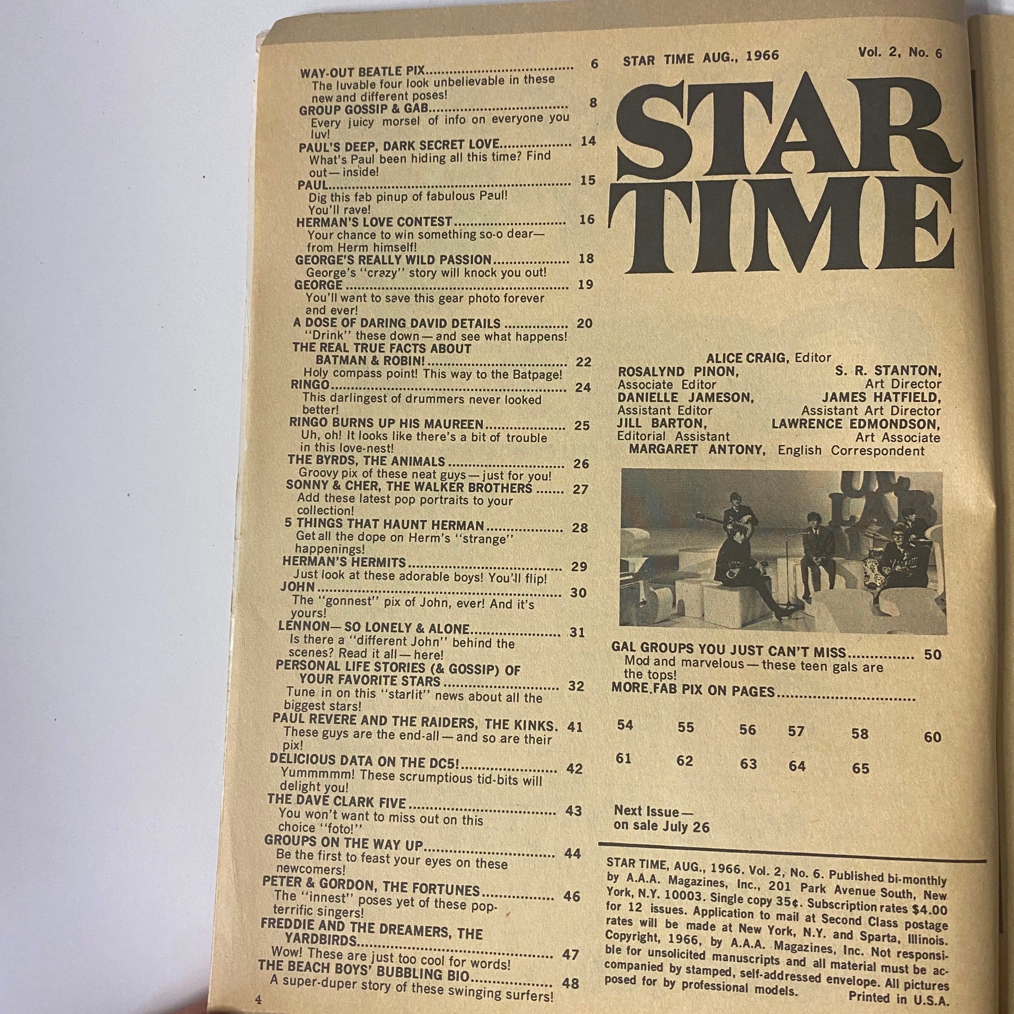 Inside pages of Star Time Magazine August 1966 Vol. 2 No. 6 showcasing the table of contents, listing features including Beatle articles and pop culture highlights.