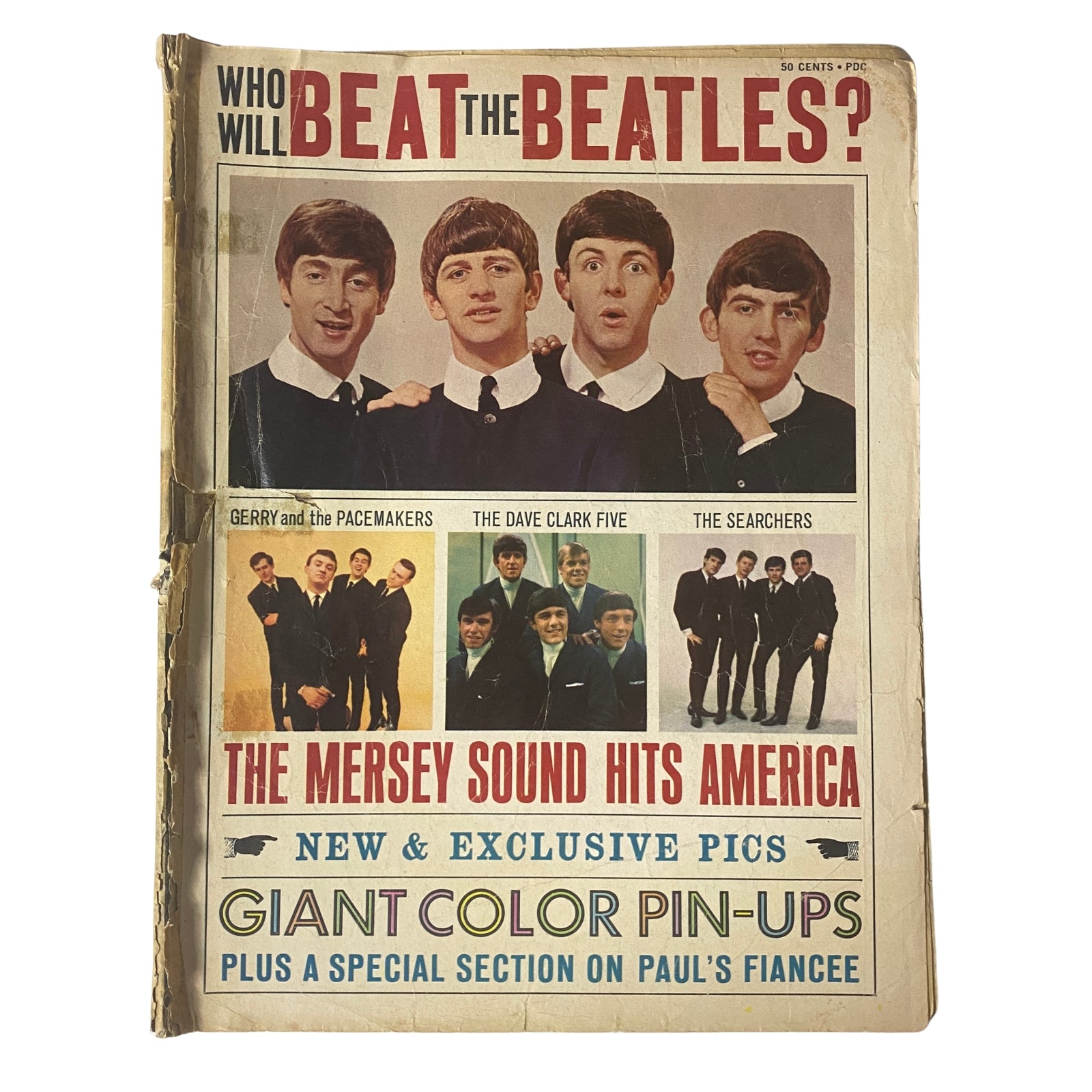 Cover of the magazine titled 'Who Will Beat The Beatles? The Mersey Sound Hits America', featuring images of The Beatles and other bands like Gerry and the Pacemakers, The Dave Clark Five, and The Searchers, highlighting the 1960s British Invasion.