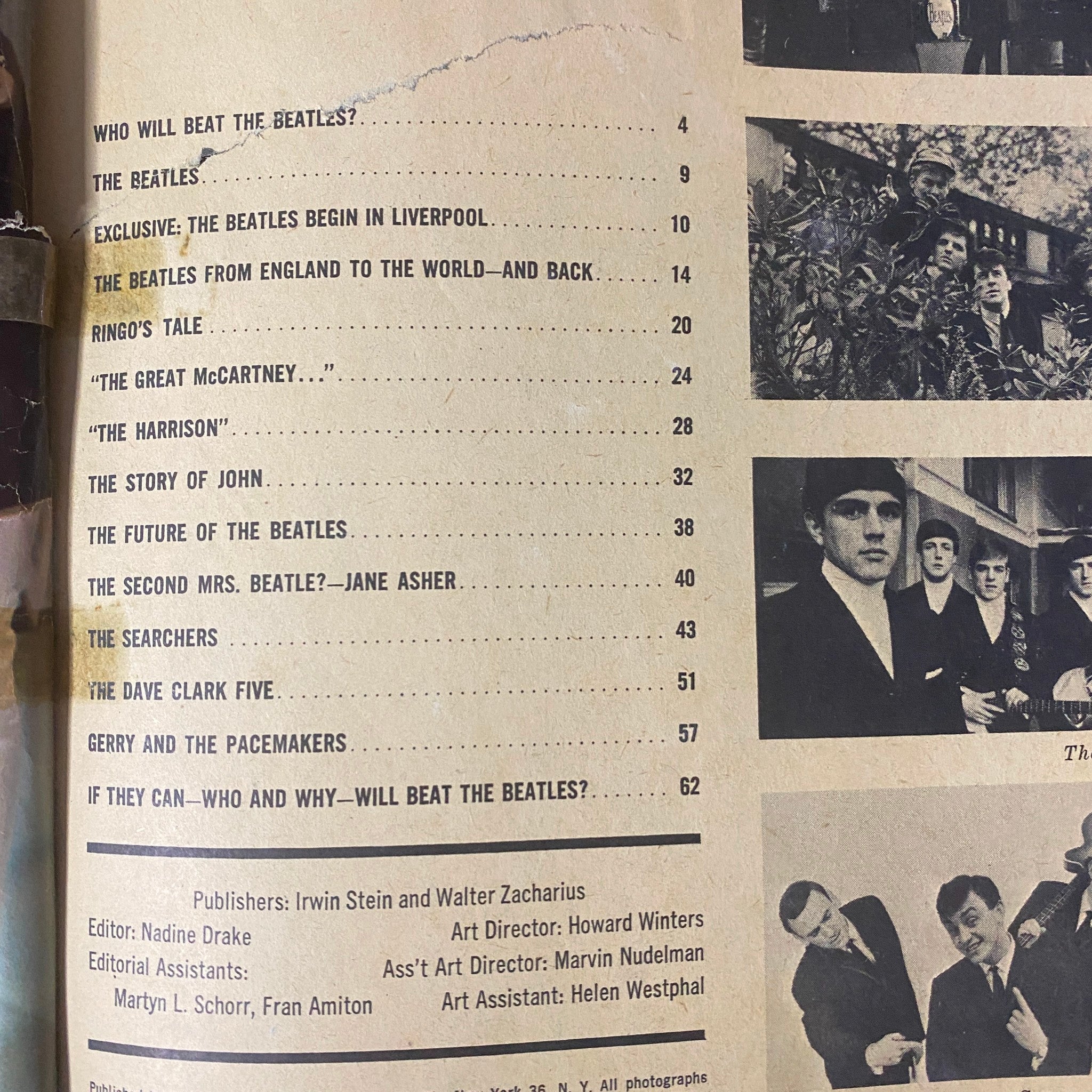 Interior page of the magazine 'Who Will Beat The Beatles? The Mersey Sound Hits America', displaying the table of contents with sections on The Beatles, Ringo, and other Mersey Sound acts, showcasing the magazine's exploration of 1960s music history.
