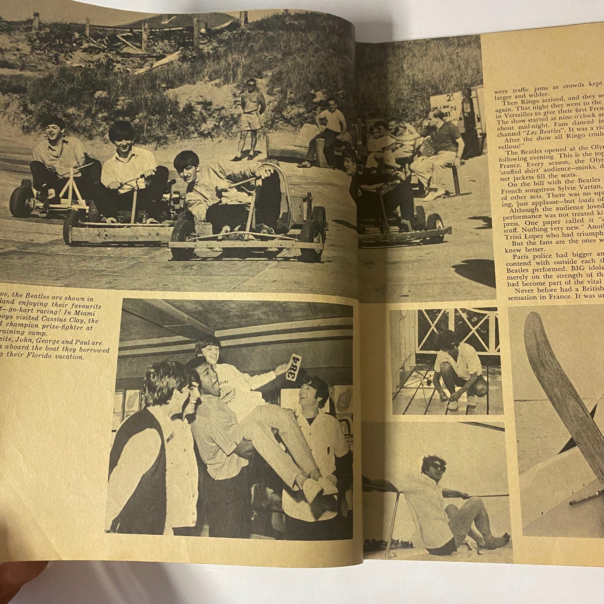 Vintage collage of The Beatles engaged in playful activities, featured in the 1964 magazine 'Who Will Beat The Beatles? The Mersey Sound Hits America'.