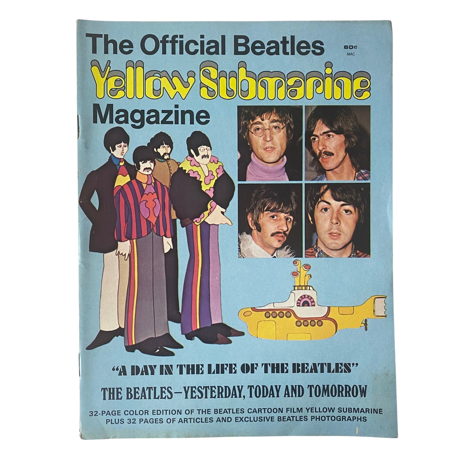 Cover of 1968 The Official Beatles Yellow Submarine Magazine featuring colorful psychedelic artwork and portraits of the Beatles members.