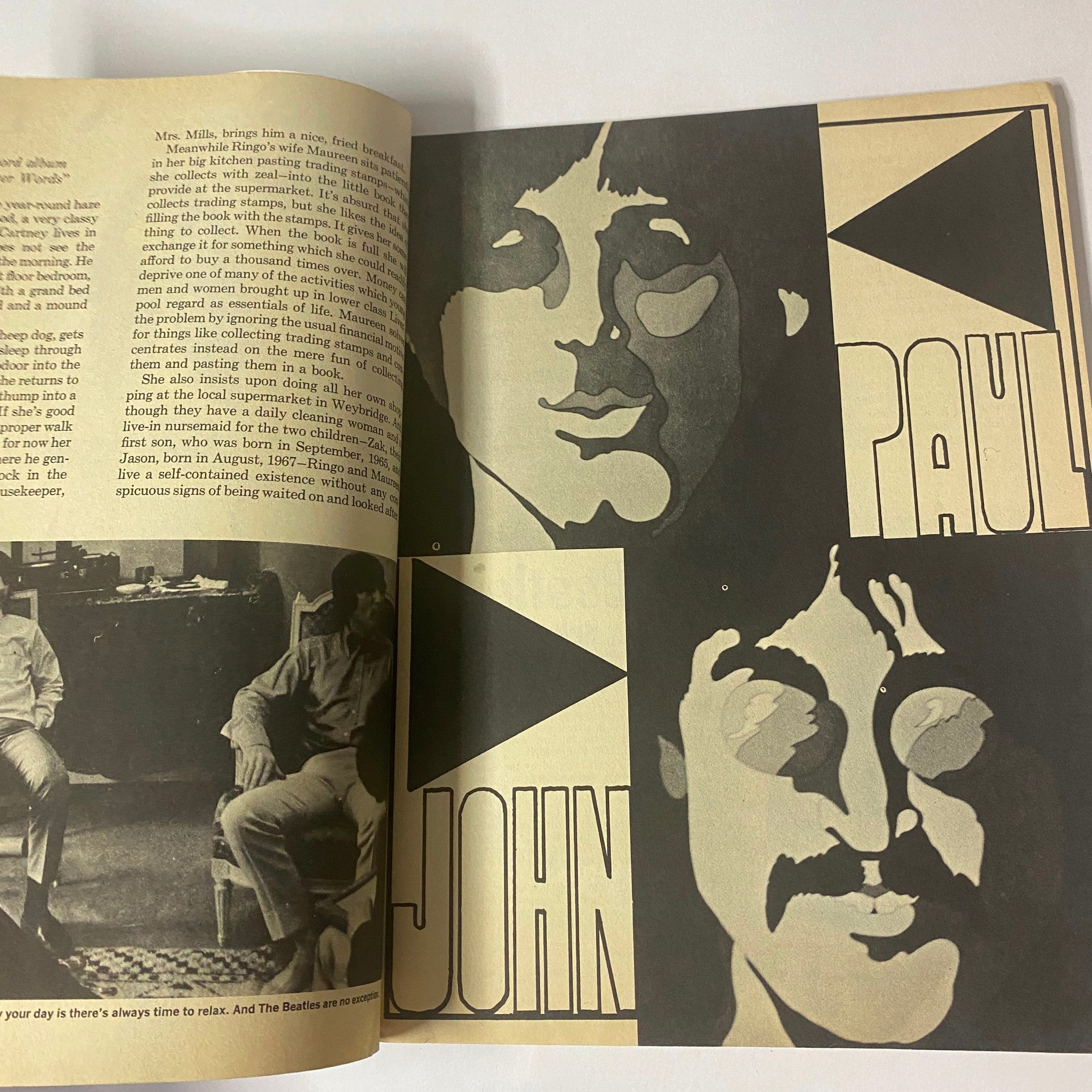 Interior page of 1968 The Official Beatles Yellow Submarine Magazine showcasing illustrations of John Lennon and Paul McCartney with a distinct artistic style.