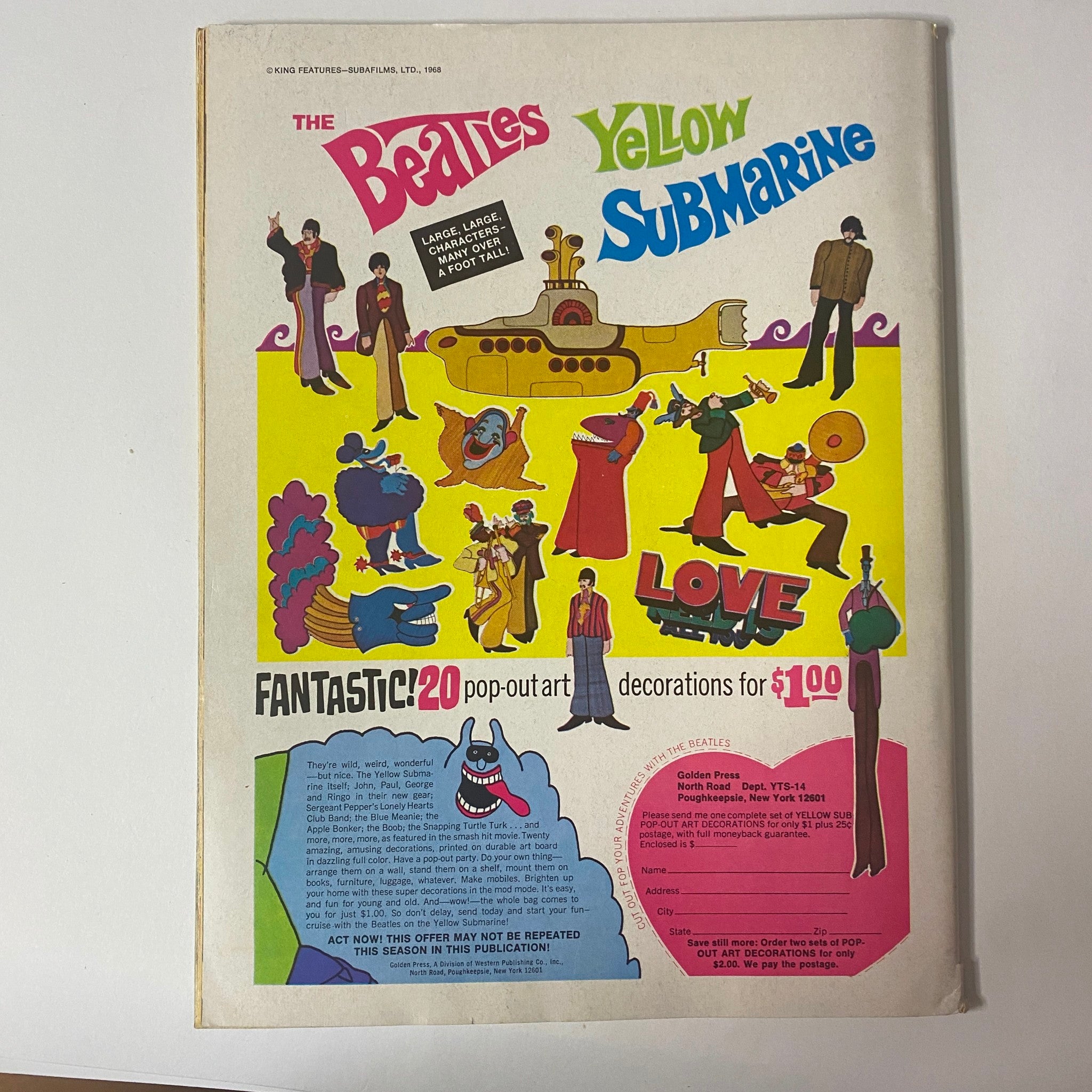 Cover of the 1968 The Official Beatles Yellow Submarine Magazine, featuring iconic characters and bright colors, promoting pop-out art decorations.