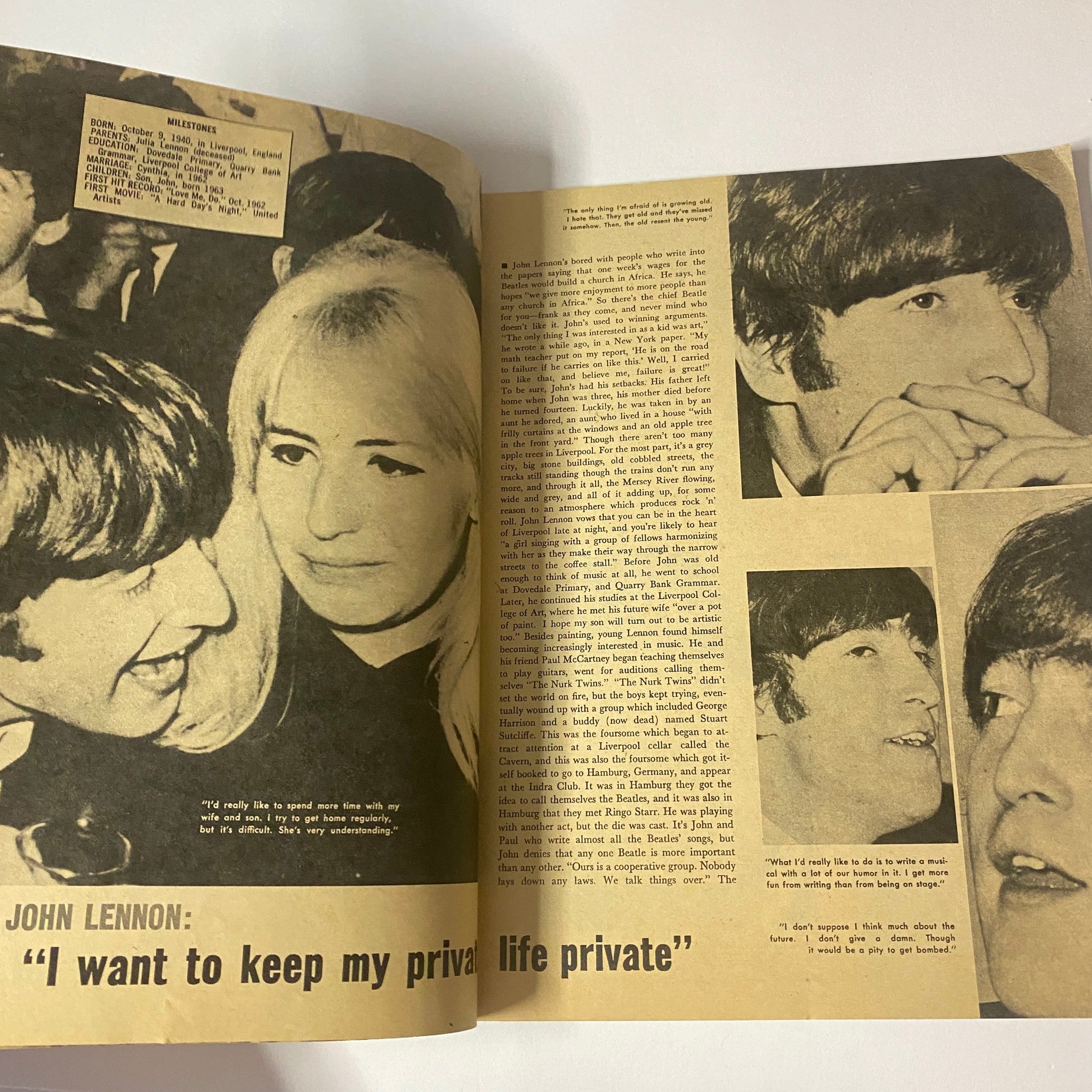 Inside spread of Hollywood Life Stories Magazine No. 14 showcasing John Lennon with comments about keeping his private life private, among other images.