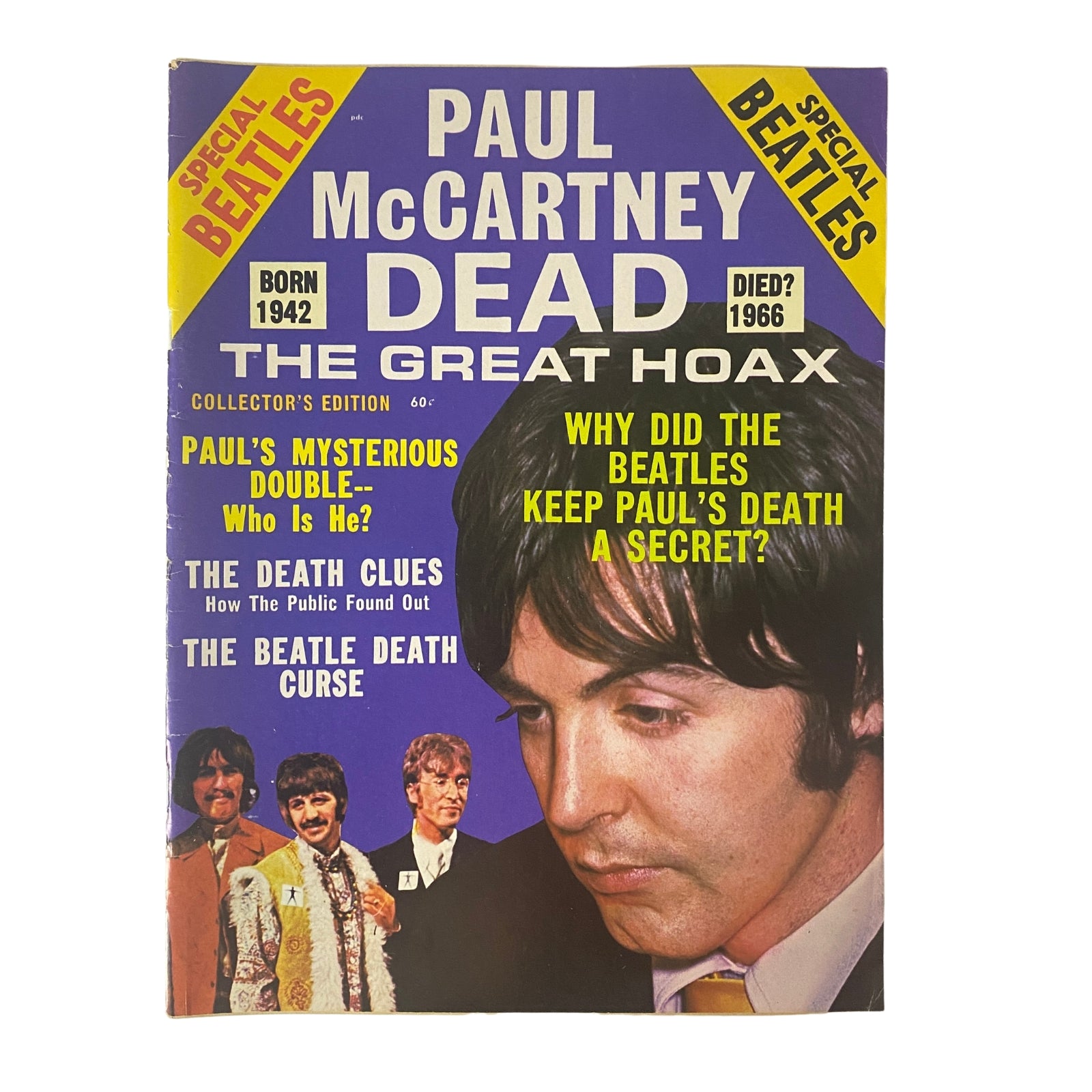 1969 Paul McCartney Dead - The Great Hoax Collector's Edition cover featuring Paul McCartney with dramatic headlines about his alleged death.