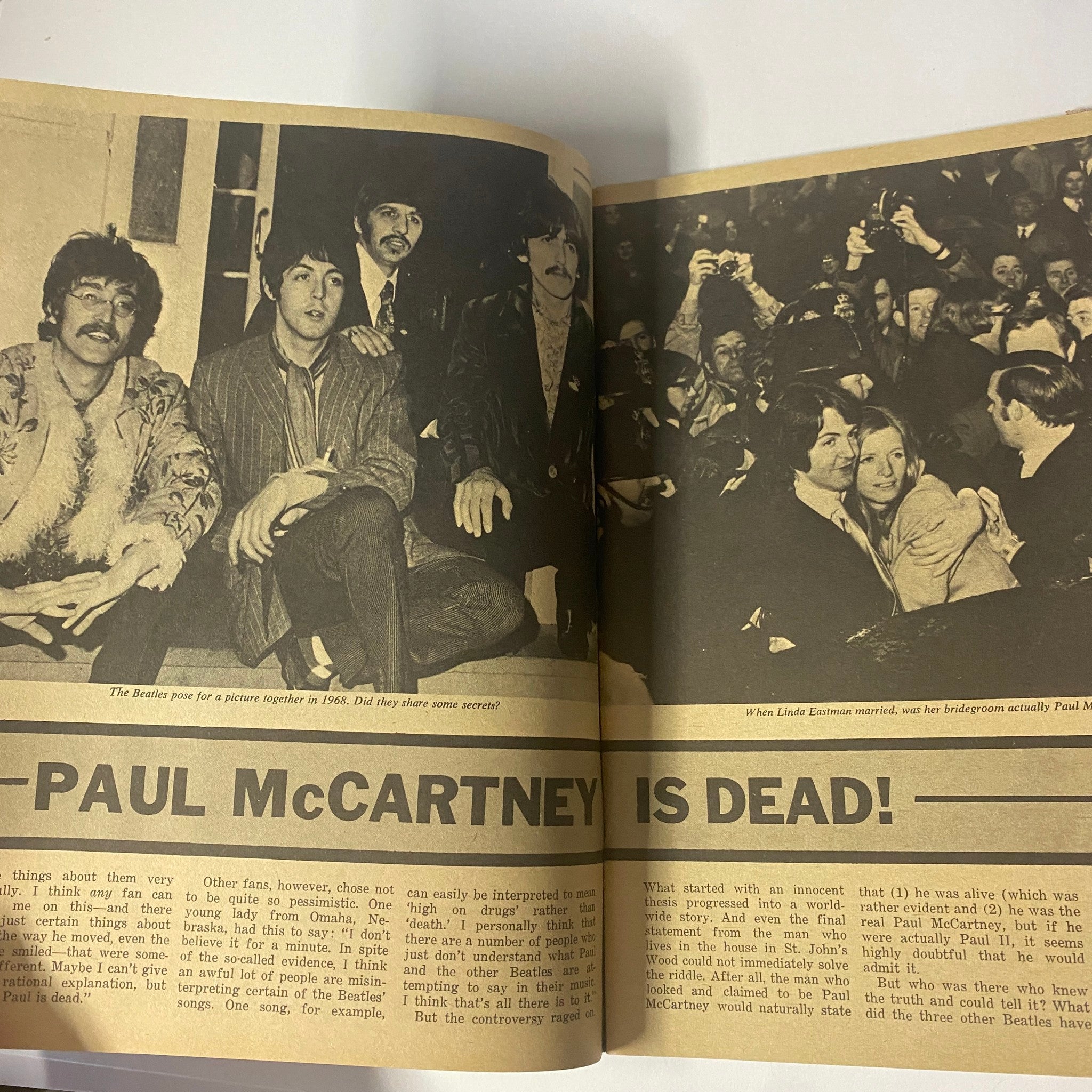 Inside image from the 1969 Paul McCartney Dead - The Great Hoax Collector's Edition discussing the rumors of Paul McCartney's death with related visuals.