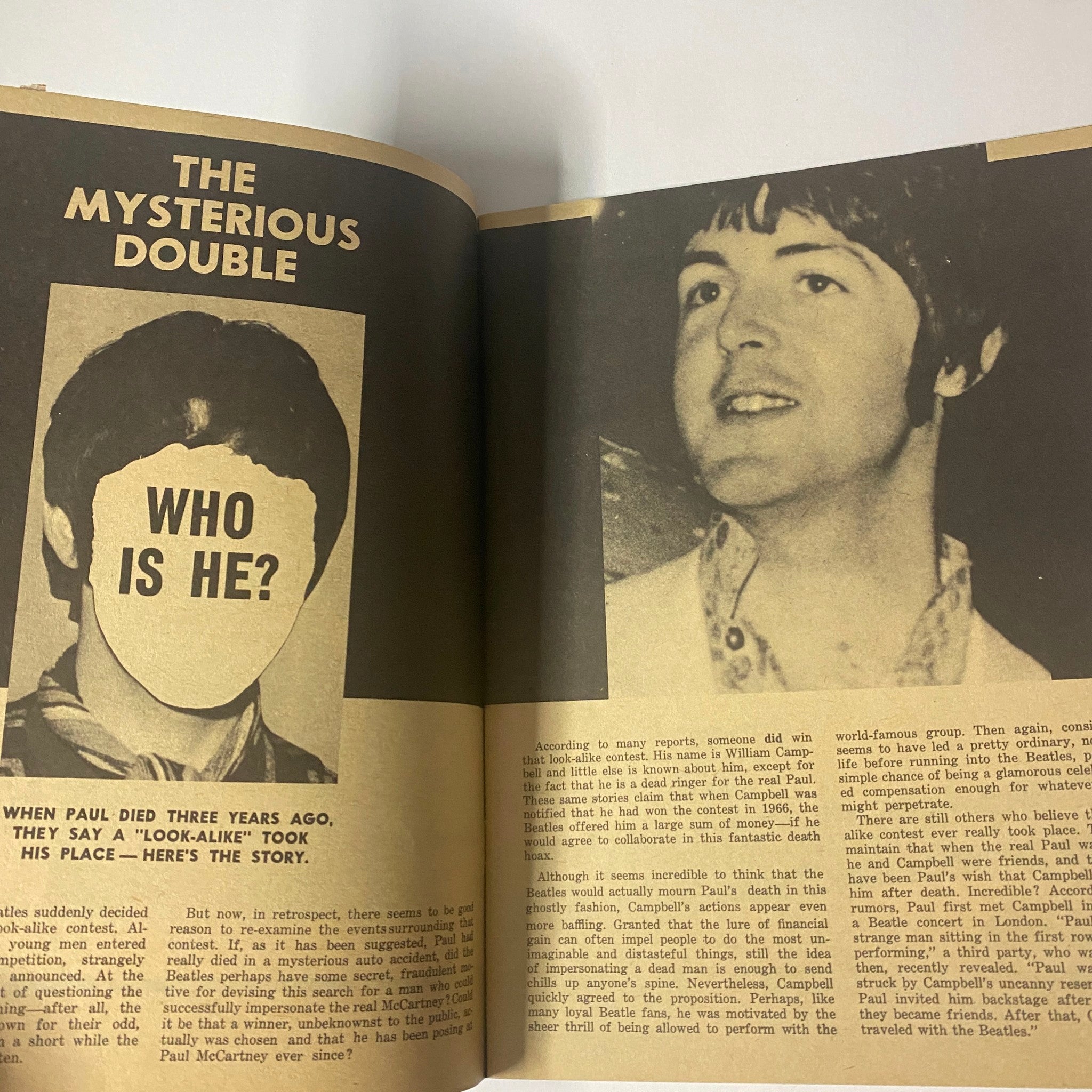 Inside page from the 1969 Paul McCartney Dead - The Great Hoax Collector's Edition showcasing a discussion on the mysterious double believed to have replaced McCartney after his alleged death.