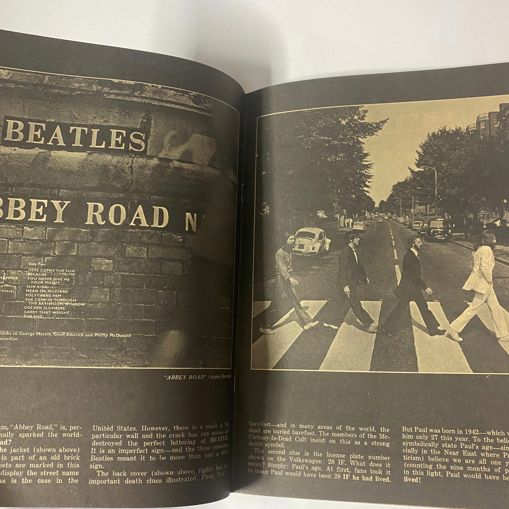Inside page of the 1969 Paul McCartney Dead - The Great Hoax Collector's Edition featuring an iconic image of The Beatles crossing Abbey Road, symbolizing the band's enduring legacy.