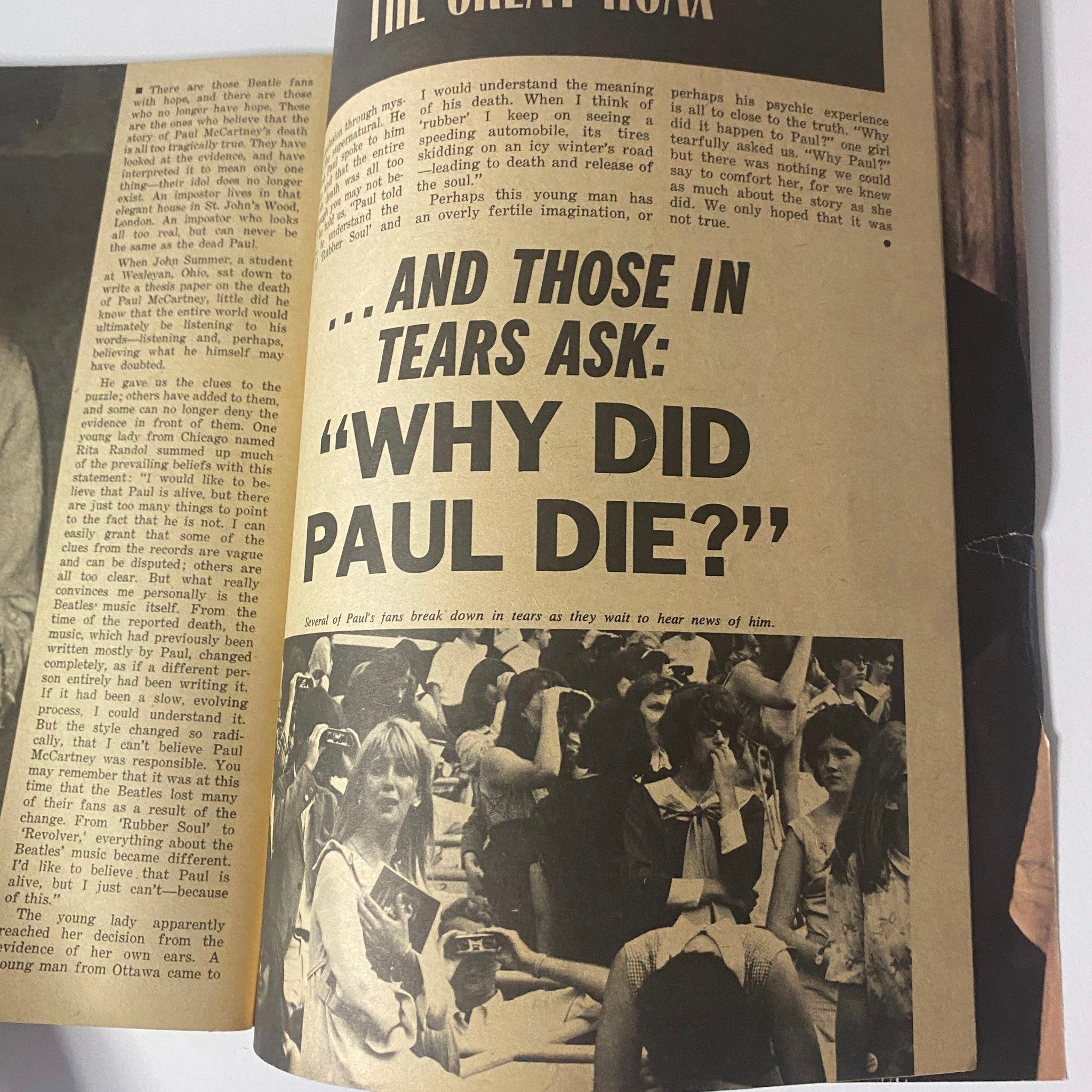 Inside page from the 1969 Paul McCartney Dead - The Great Hoax Collector's Edition featuring a dramatic inquiry about Paul McCartney's death with an image of fans in distress.