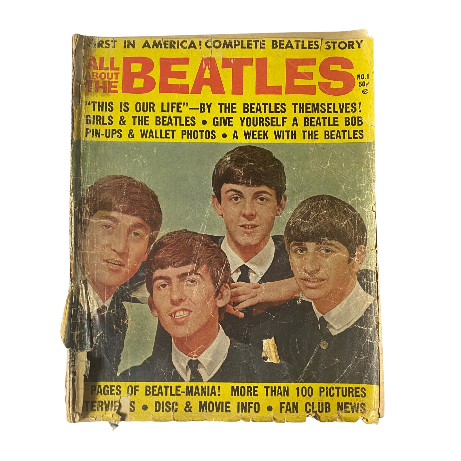 1964 All About The Beatles No. 1 magazine cover featuring the Fab Four with a bold title and images related to their stories and music.