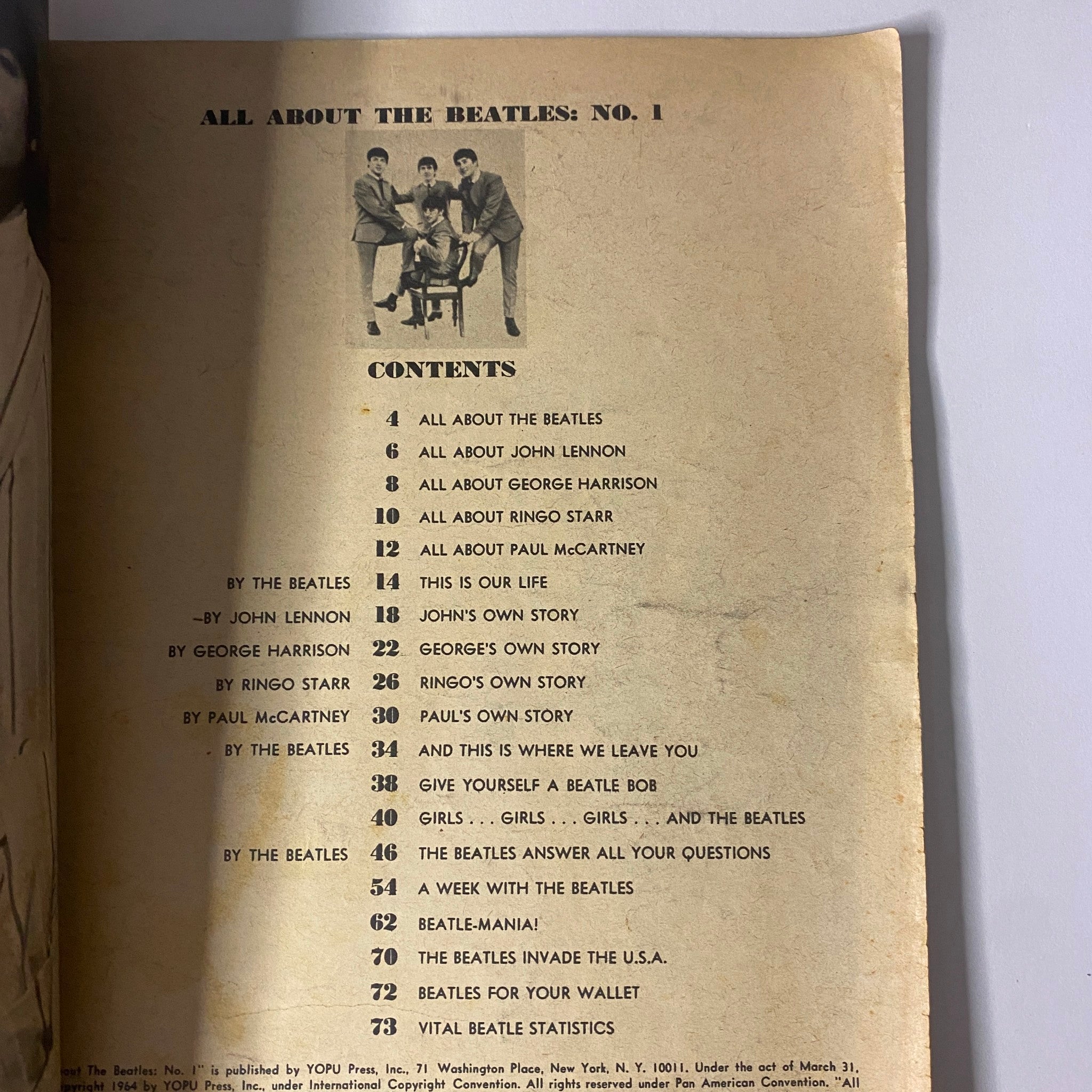 Interior page of 1964 All About The Beatles No. 1 magazine, showing the table of contents including features on each band member and highlights of their stories.