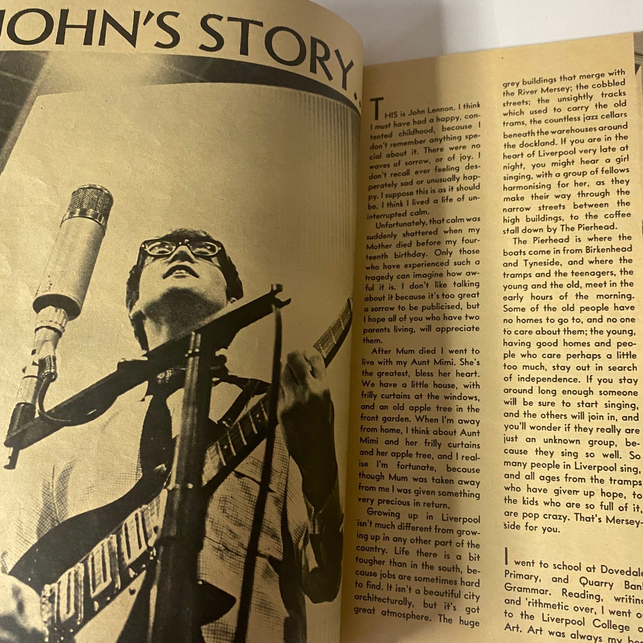Interior page from 1964 All About The Beatles No. 1 magazine, highlighting John Lennon's story with photographs and text detailing his experiences.