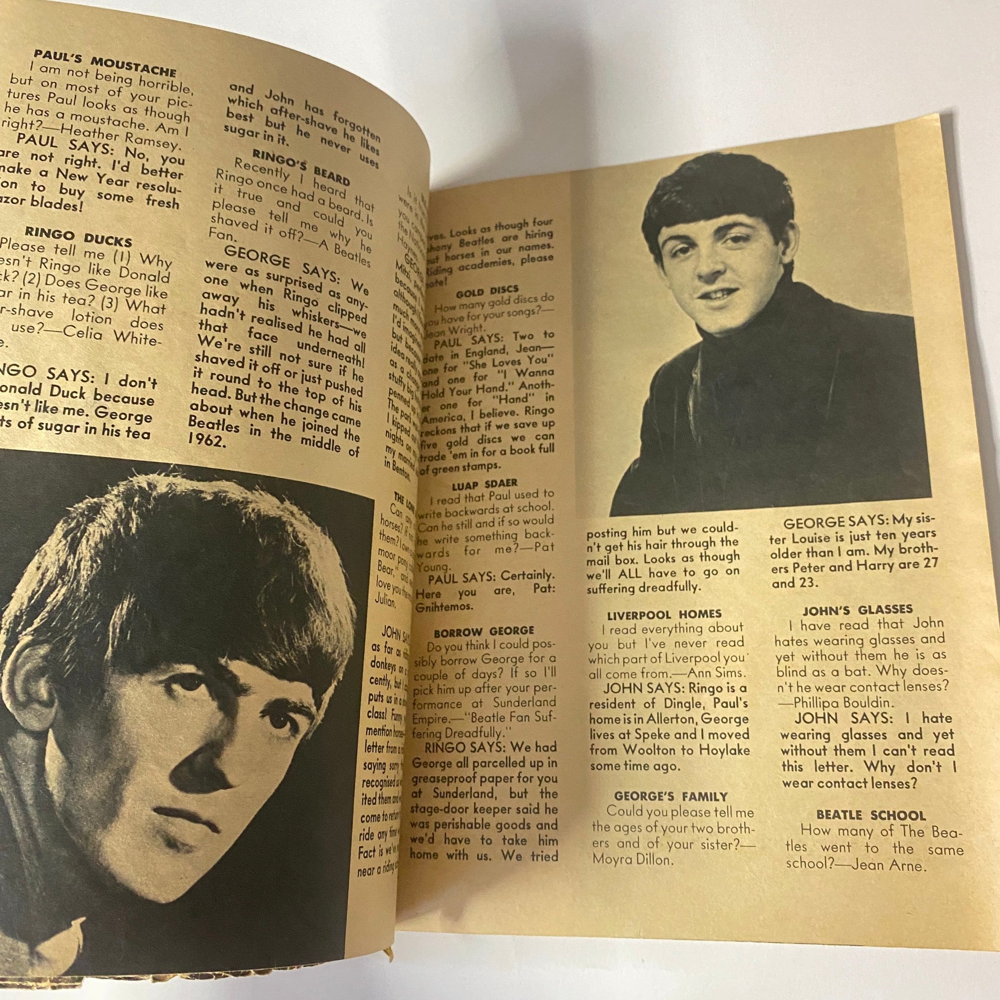 1964 All About The Beatles No. 1 GD Interior featuring Paul McCartney and George Harrison with informative text about Beatles quotes and personal anecdotes.