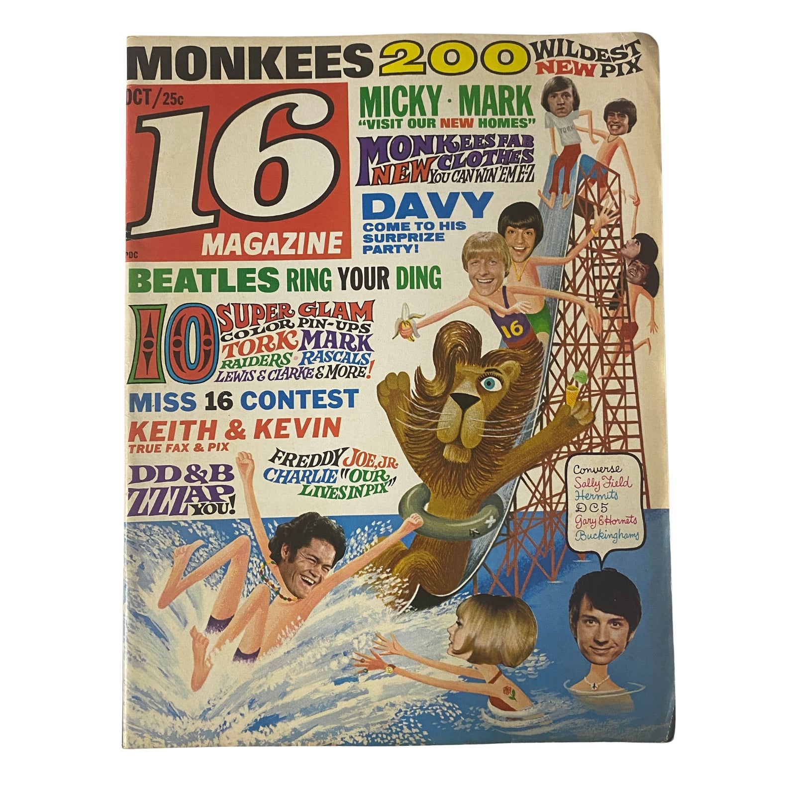 Cover of 16 Magazine, October 1967, featuring The Monkees and The Beatles, with colorful designs and a lively illustration. Highlights include mentions of Micky, Mark, and Davy, showcasing teen pop culture, alongside contests and pin-ups.