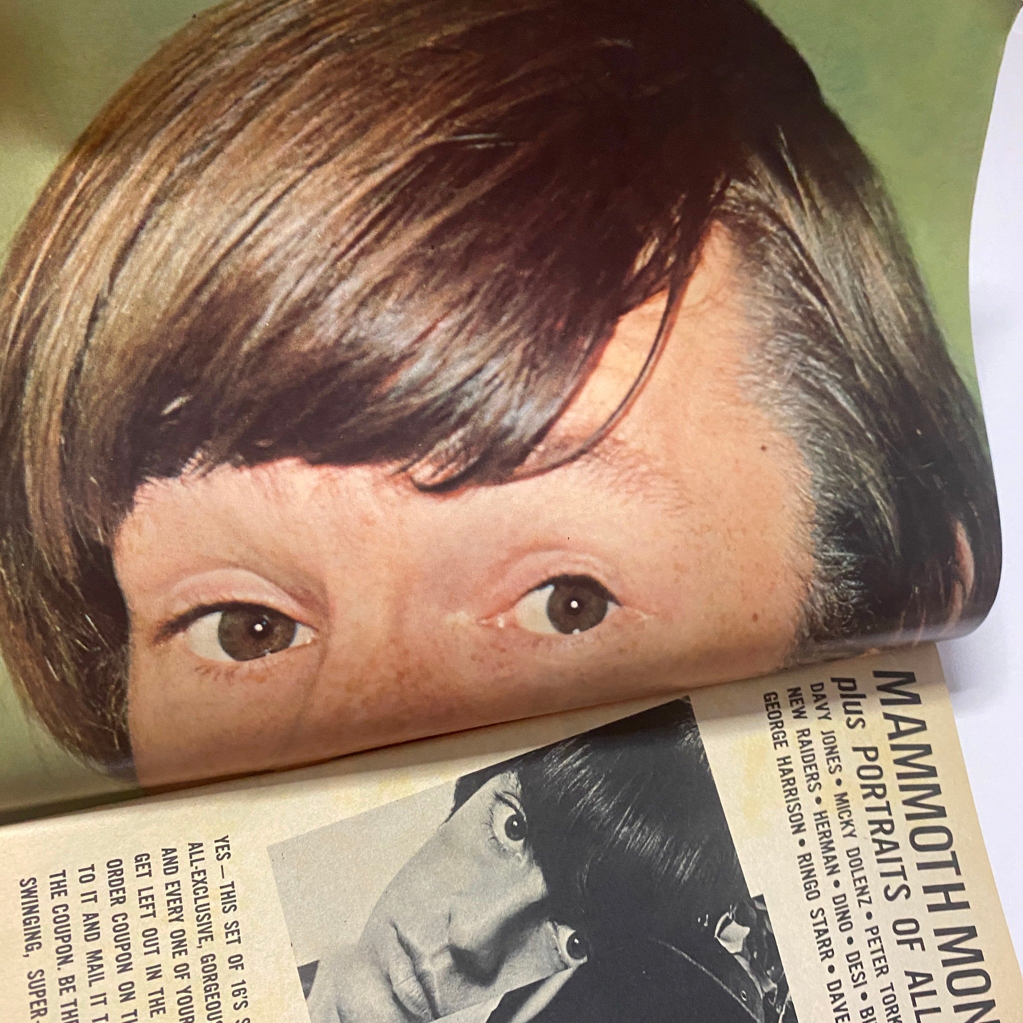 Close-up of a fan magazine cover featuring The Beatles and The Monkees in the October 1967 issue of 16 Magazine, showcasing vibrant 1960s pop culture.