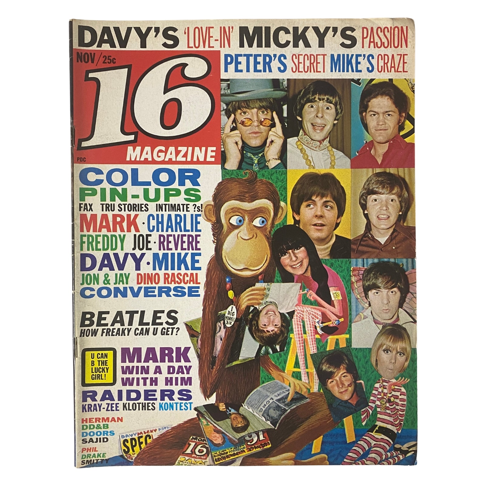 Cover of 16 Magazine November 1967 Vol 9 No. 6 featuring The Beatles with pin-ups and colorful illustrations, including Davy, Micky, Peter, and Mike from The Monkees.