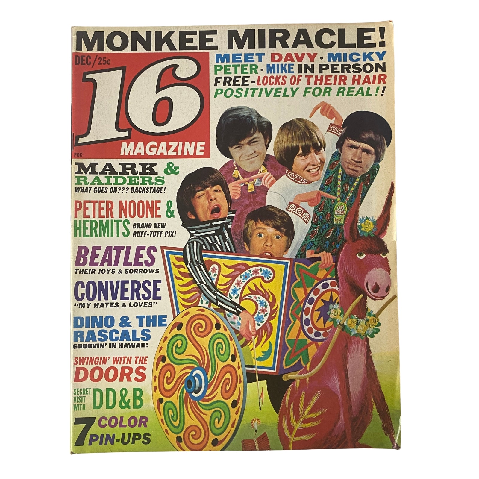 Cover of 16 Magazine, December 1967, Vol. 9, No. 7 featuring Mark & The Raiders, Monkees, and various pop culture references, showcasing colorful designs and bold headlines.