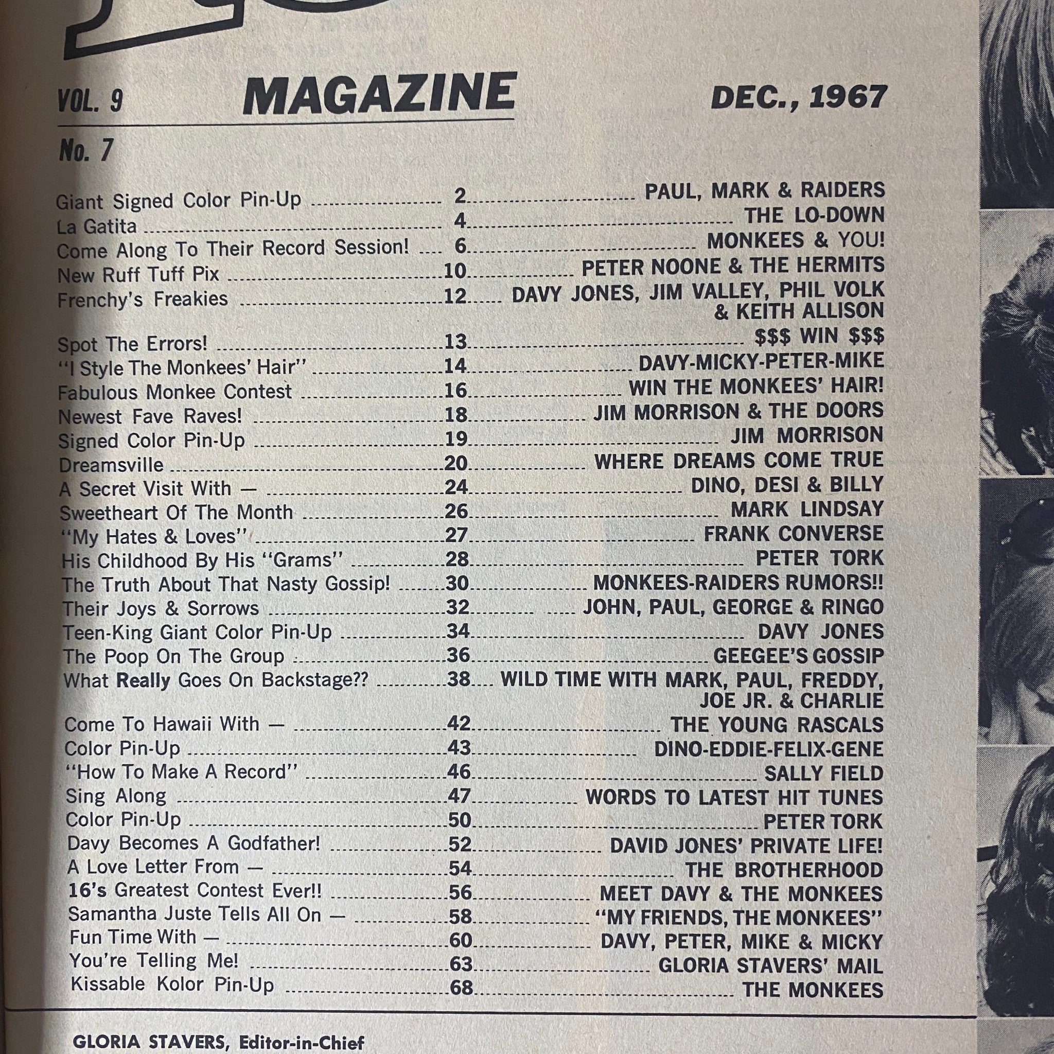 Table of Contents for 16 Magazine, December 1967, Vol. 9, No. 7, listing features on pop culture icons including Paul, Mark & The Raiders, Jim Morrison, and The Monkees.