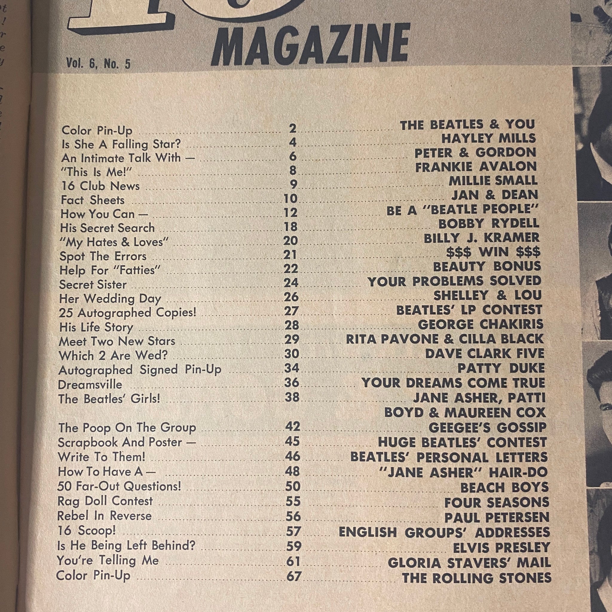 Table of Contents from 16 Magazine October 1964 Vol 6 No. 5 highlighting features such as The Beatles' pin-up, contests, and exclusive interviews including Jane Asher and Maureen Cox.