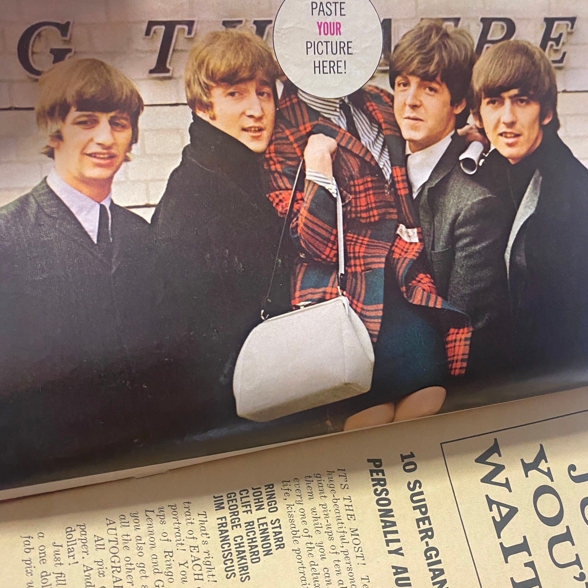 The Beatles in 16 Magazine October 1964 Vol 6 No. 5, showcasing four band members in stylish attire, promoting the issue's content with a pin-up focus.