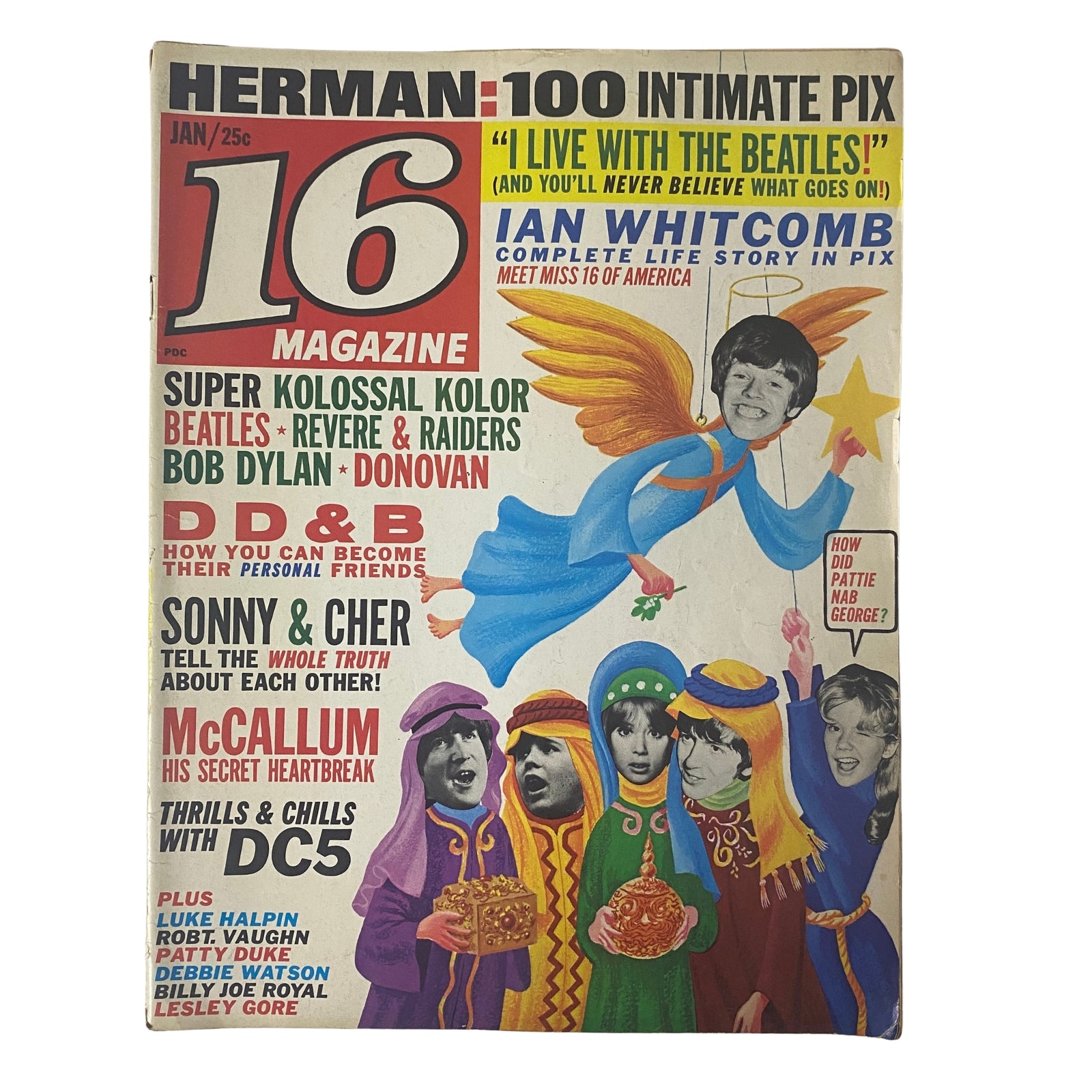 Cover of 16 Magazine January 1966, Vol. 7, No. 8 featuring Sonny and Cher, along with highlights including The Beatles, Bob Dylan, and Herman's Hermits, showcasing a vibrant design reflecting 1960s pop culture.