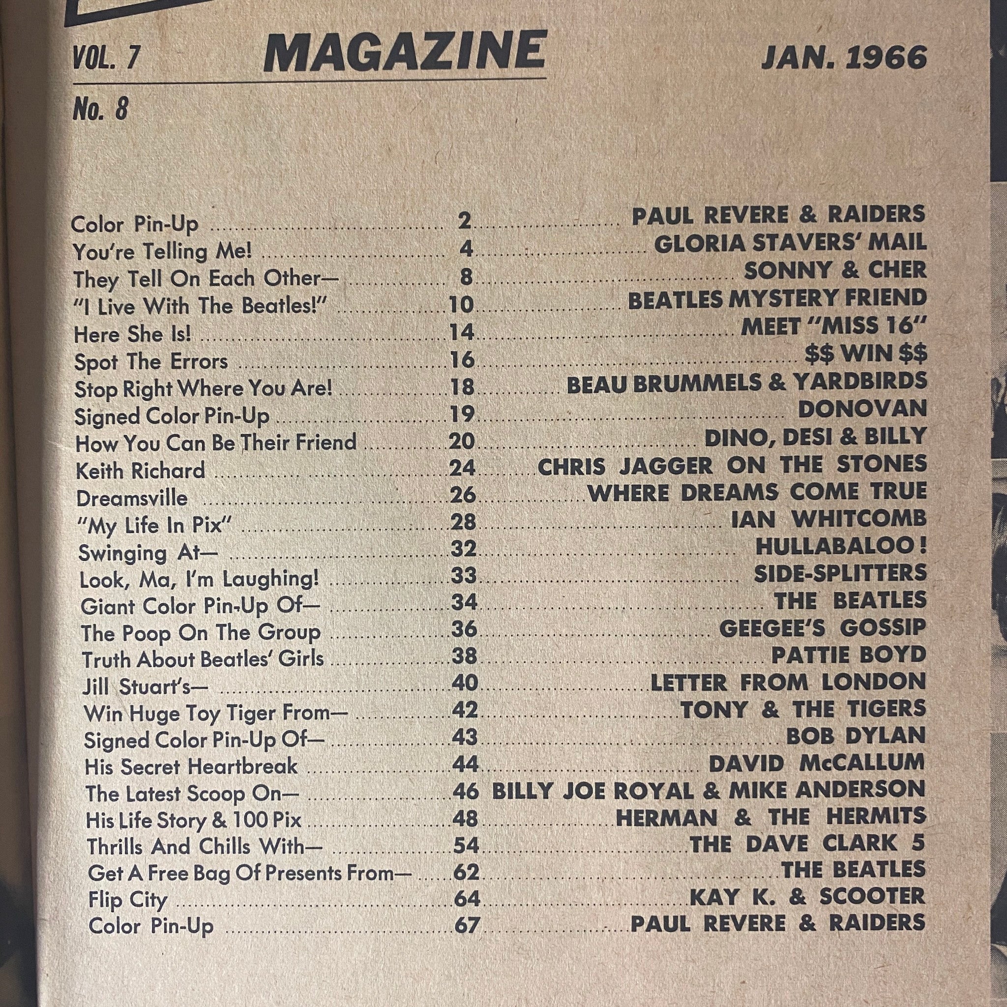 Table of contents from 16 Magazine January 1966 Vol 7 No. 8 featuring various artists including The Beatles and Sonny & Cher.