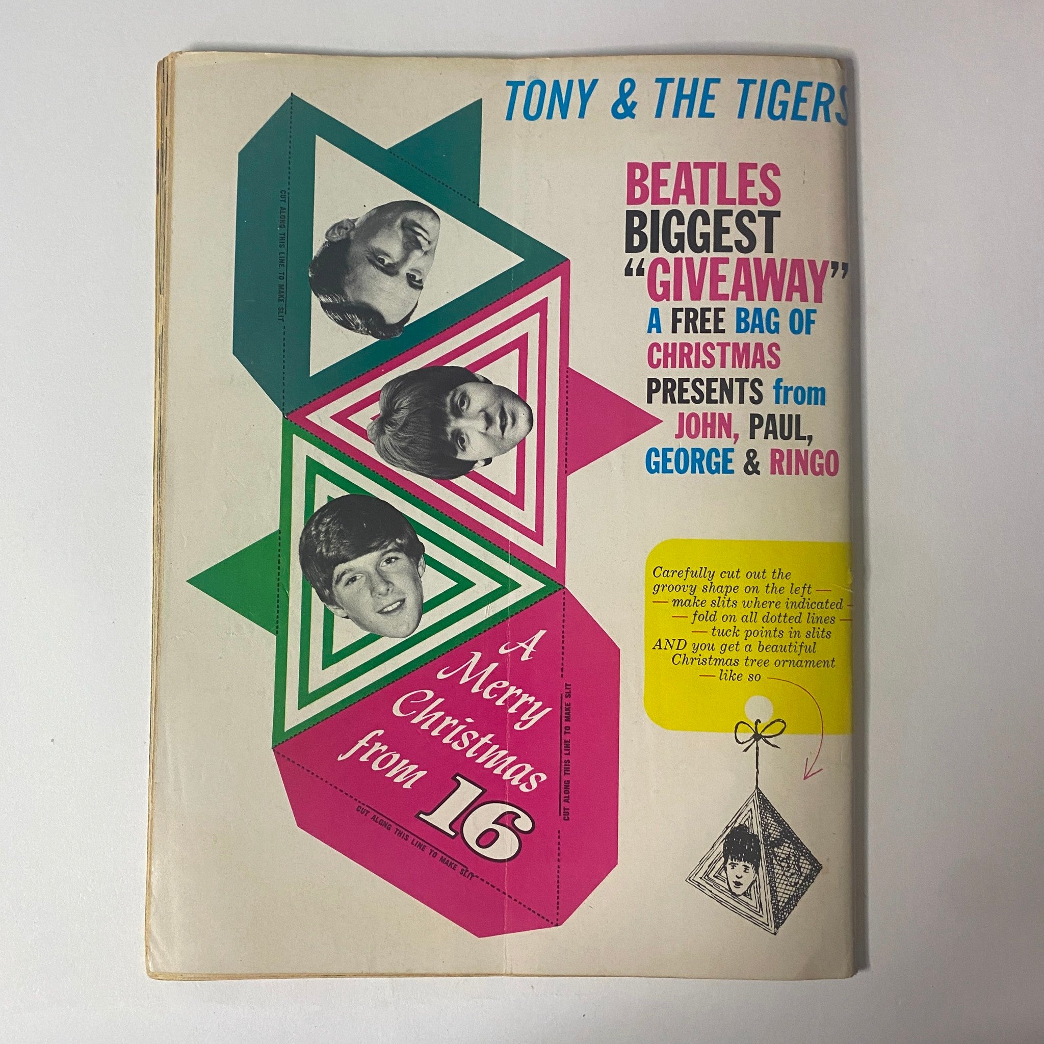 Promotional back cover of 16 Magazine January 1966 Vol 7 No. 8 advertising a Beatles Christmas giveaway.
